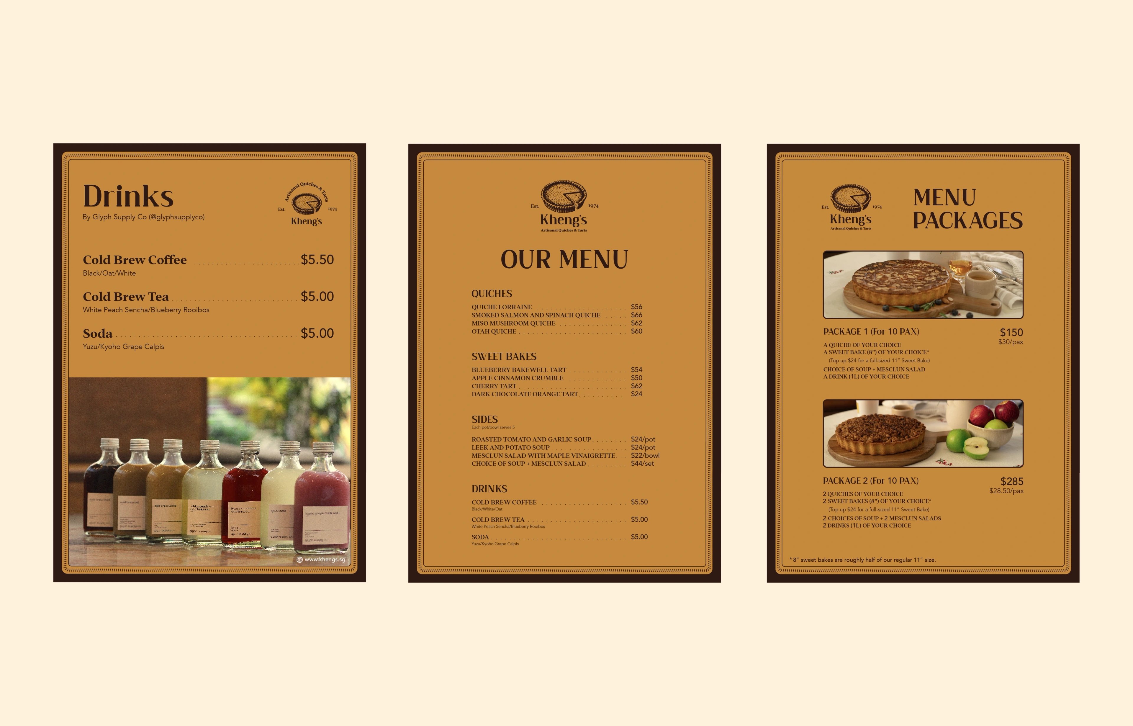 Kheng's full menu spread — drinks, main menu and packages