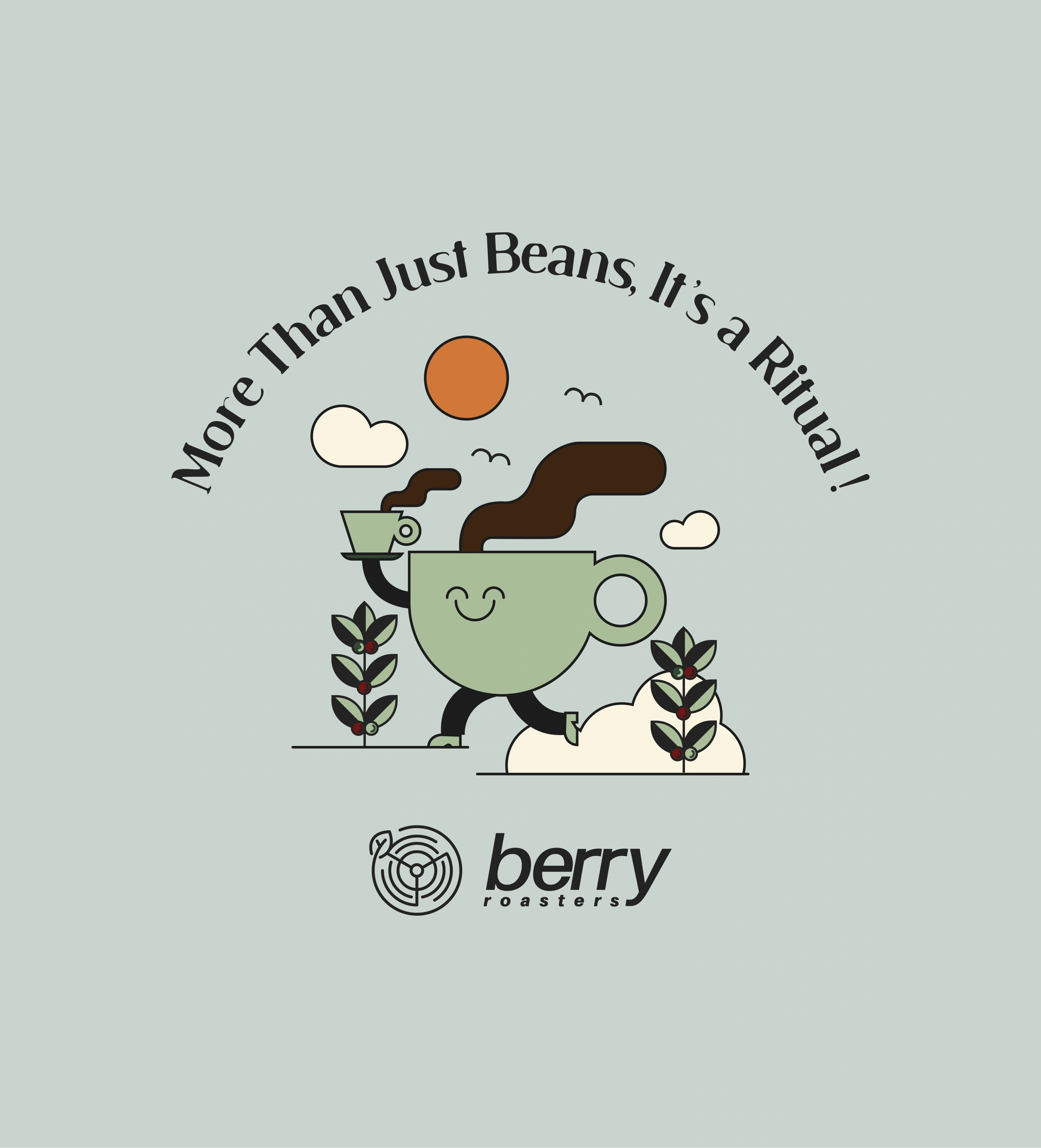 A Berry Roasters poster reading 'More Than Just Beans, It's a Ritual' with a walking coffee-cup character on sage green