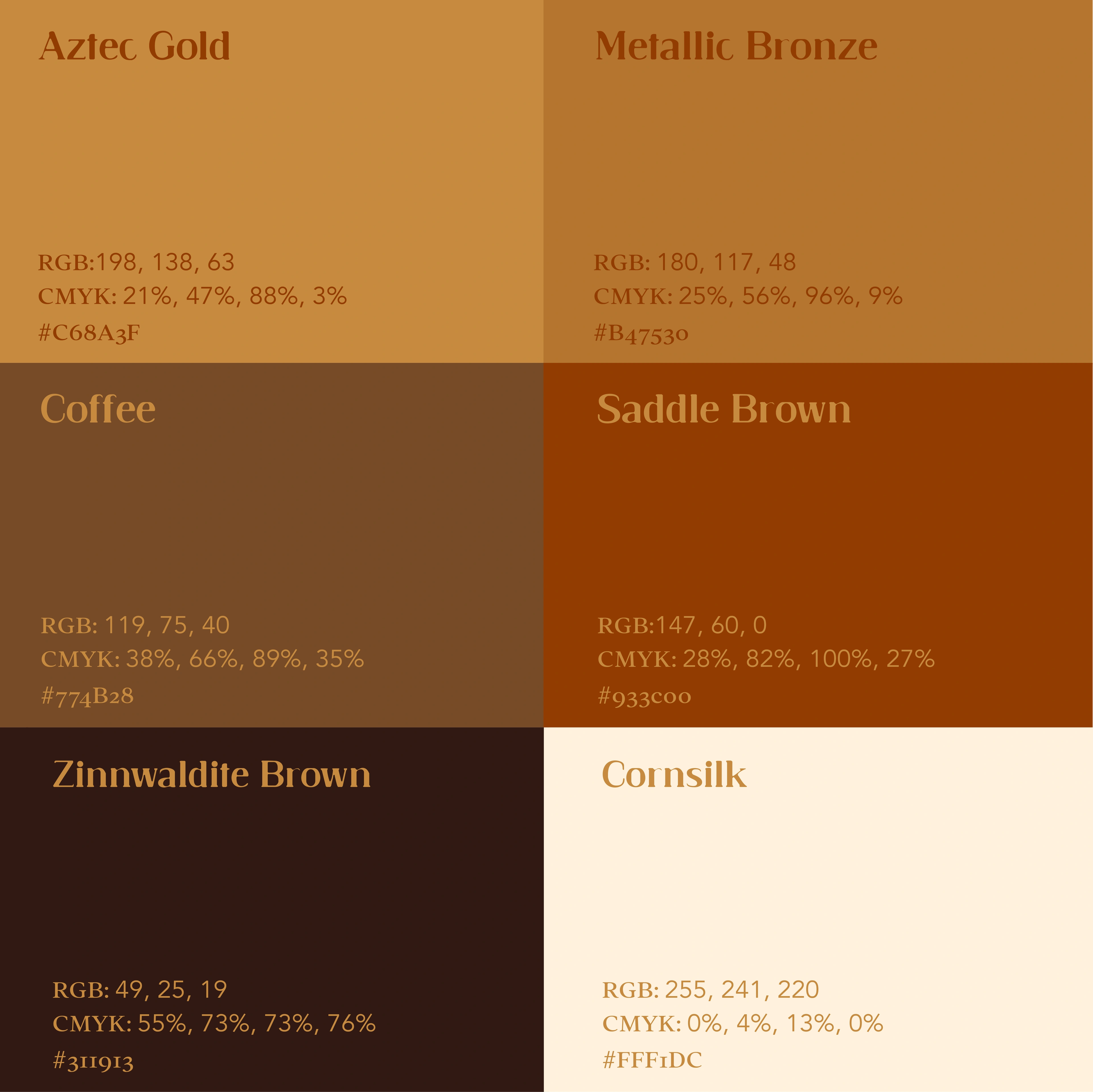 Kheng's earthy brand palette of gold, coffee, saddle brown and cream