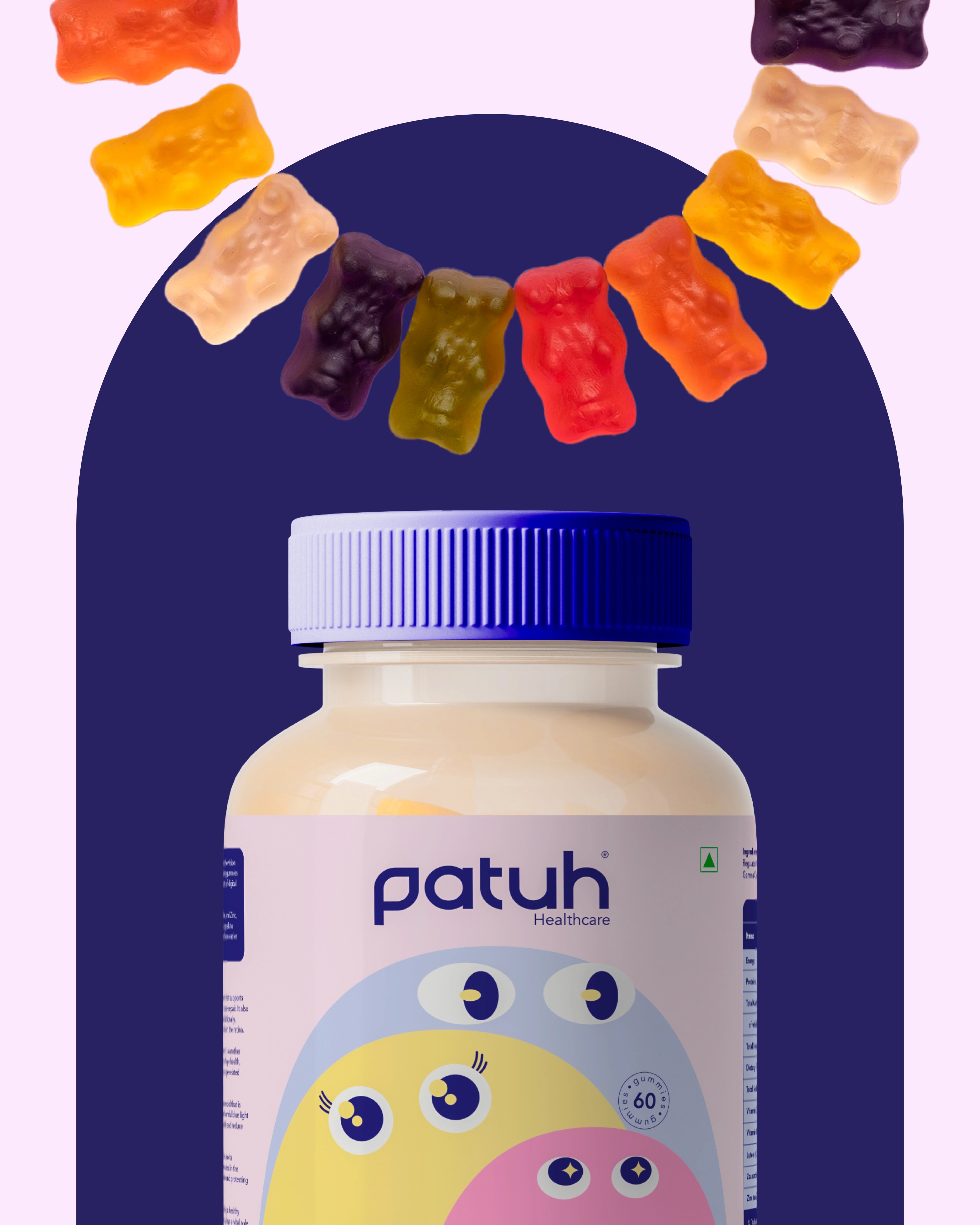 Patuh Healthcare Eye Health jar surrounded by a loose spread of multicolour gummy bears