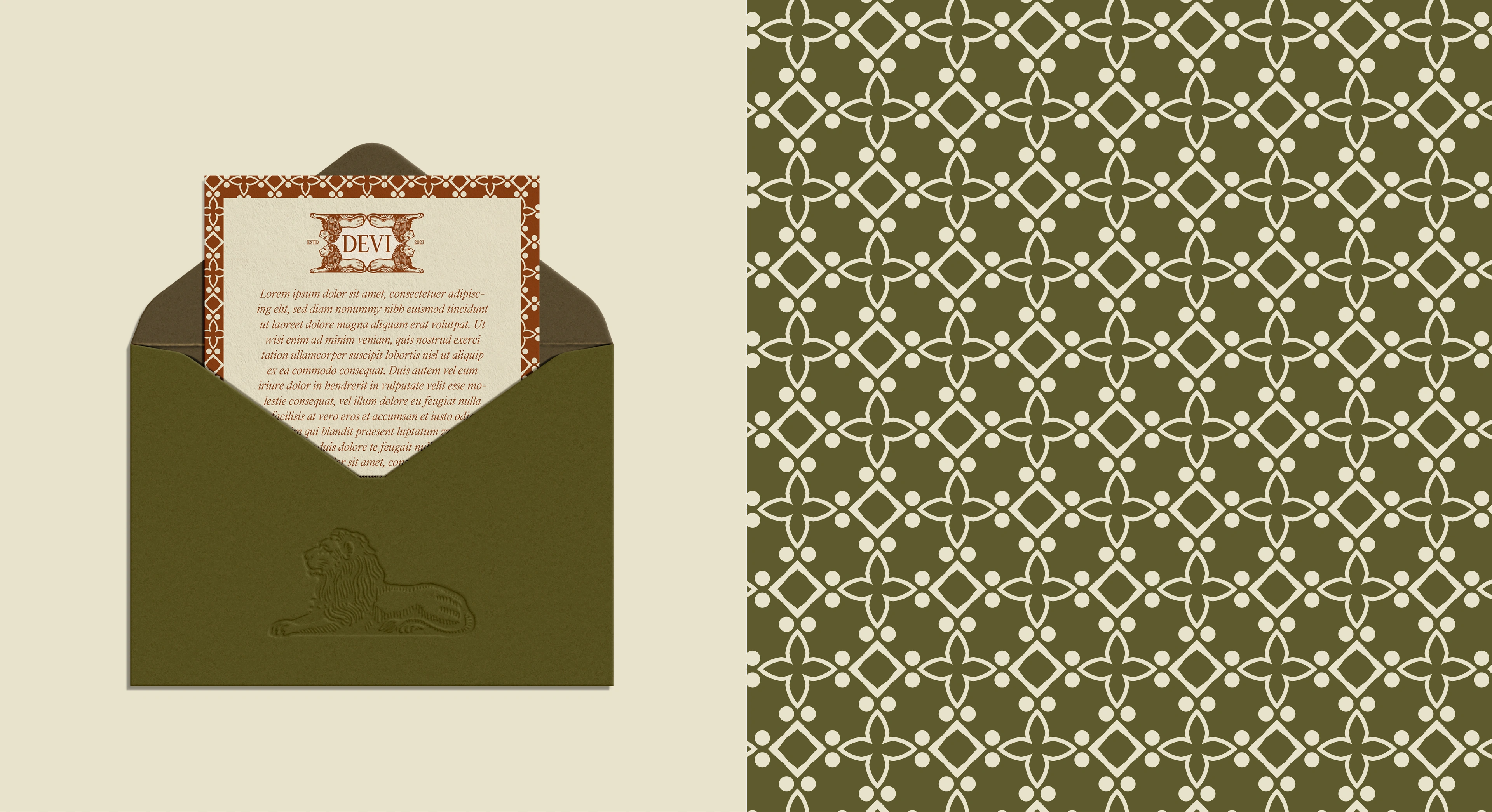 The DEVI lion repeat-pattern in rust on cream
