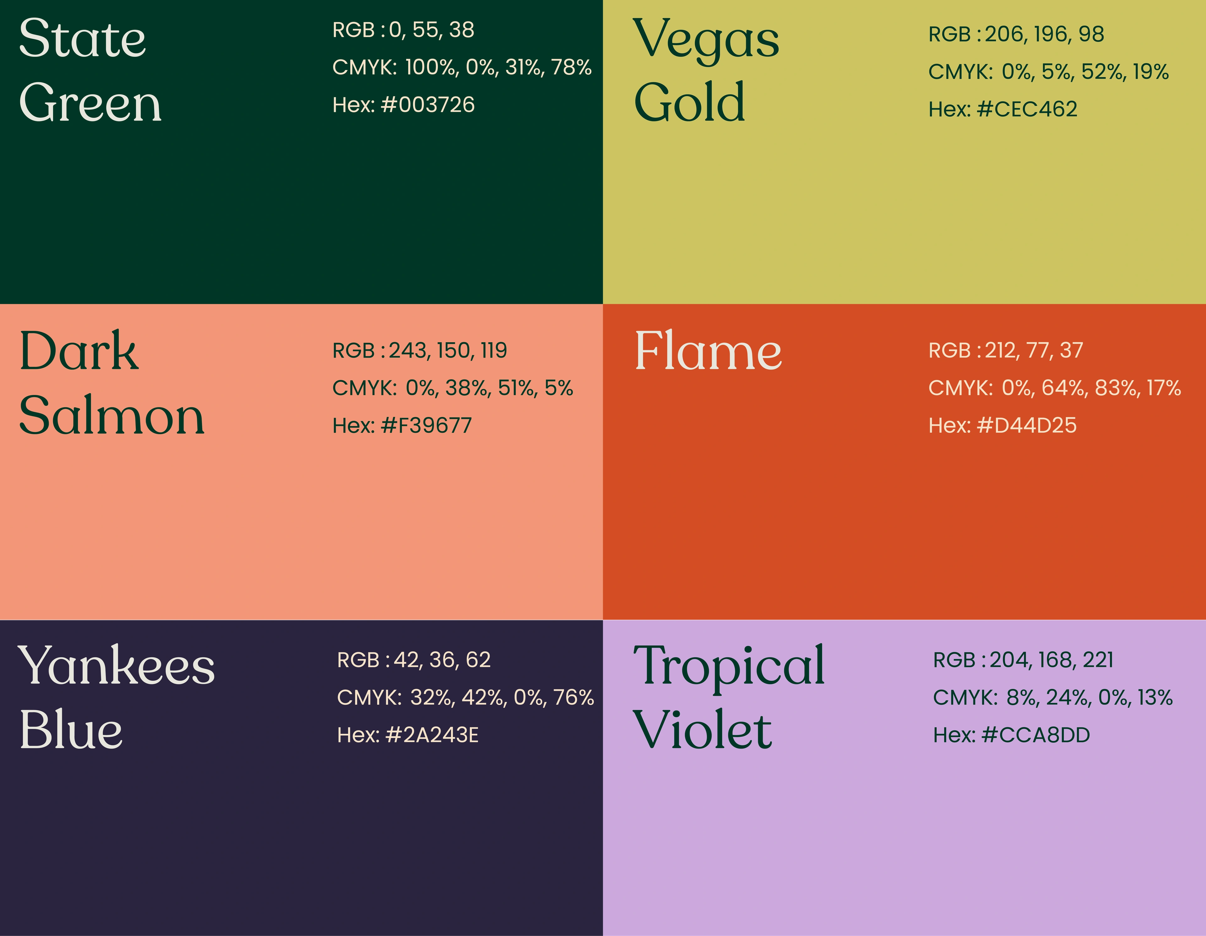 Stillflower colour palette — State Green, Vegas Gold, Dark Salmon, Flame, Yankees Blue and Tropical Violet
