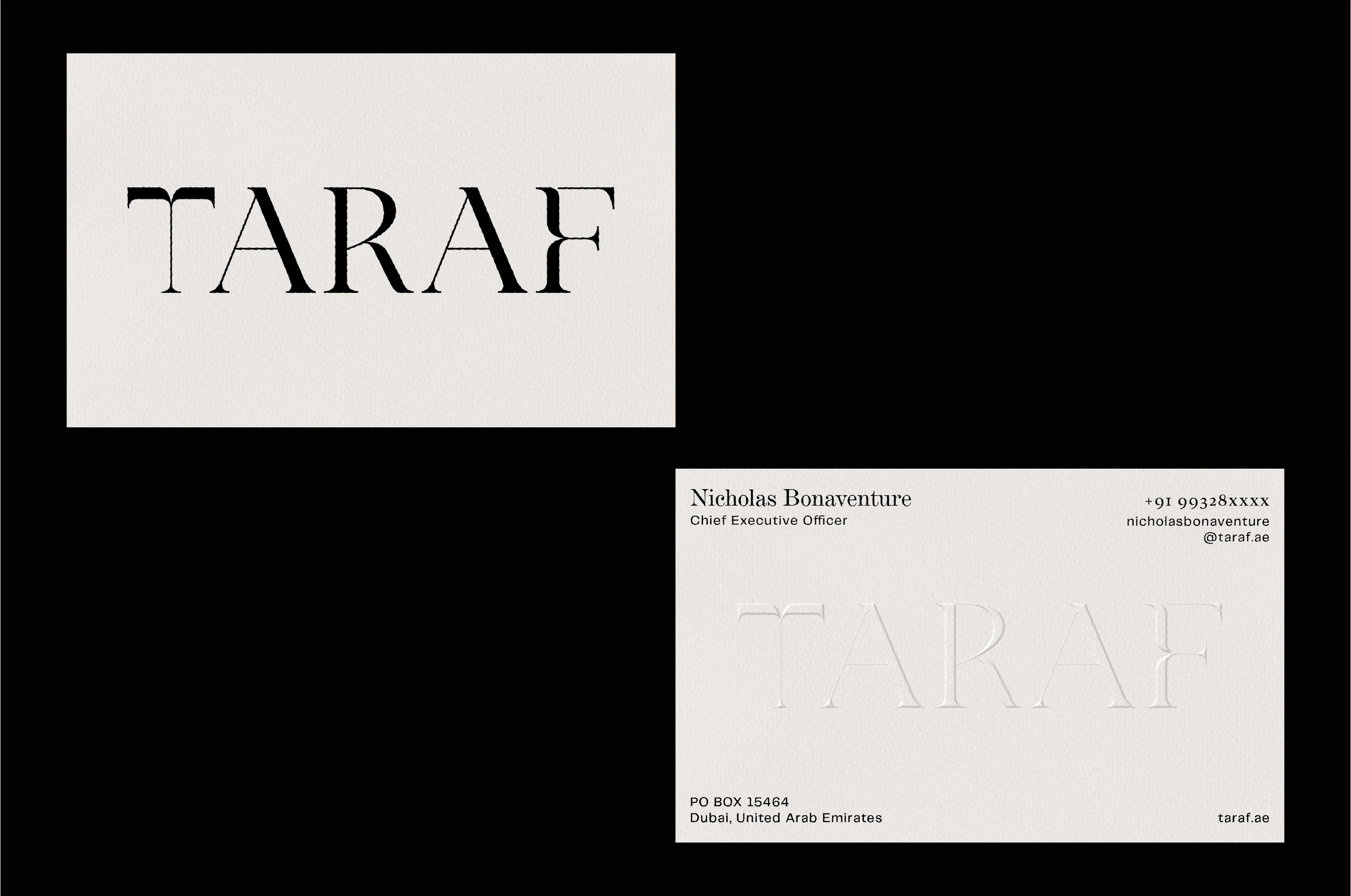 Taraf brand palette specimen — isabelline, gainsboro, slate grey and black — beside the wordmark and CEO card