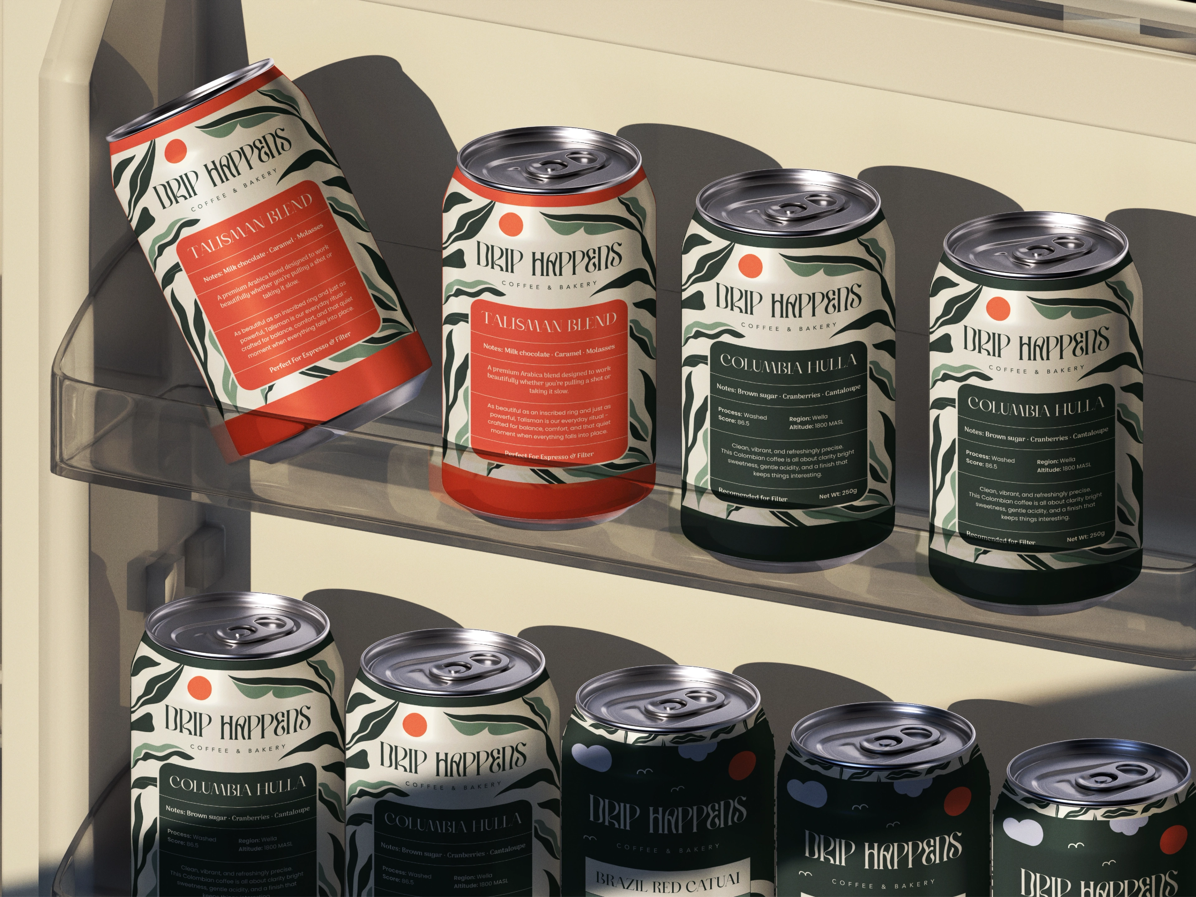 Drip Happens canned coffee range — Talisman, Columbia Hulla and Brazil Red Catuai — lined up in a chiller