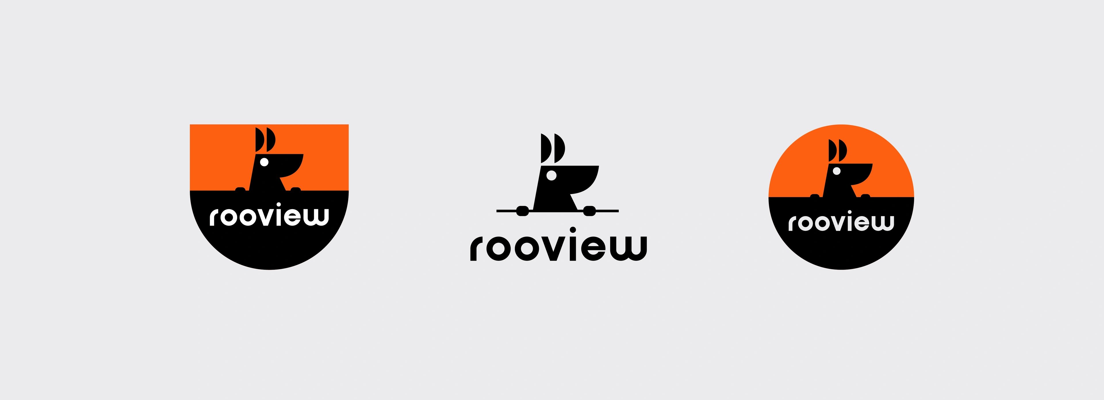 three RooView logo badge variants set on a light-grey field