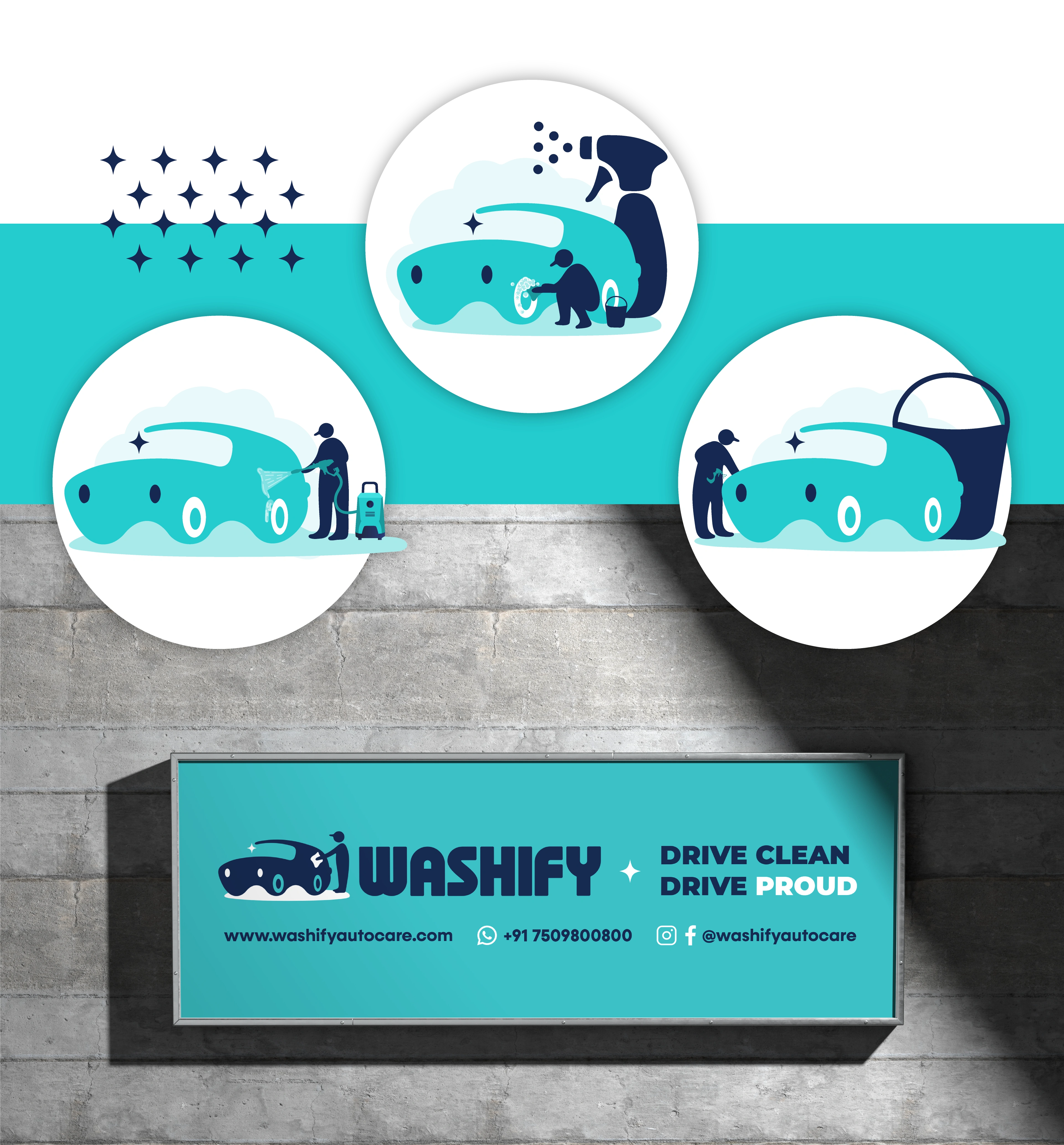 Washify 'Drive Clean Drive Proud' signboard mounted on a concrete wall