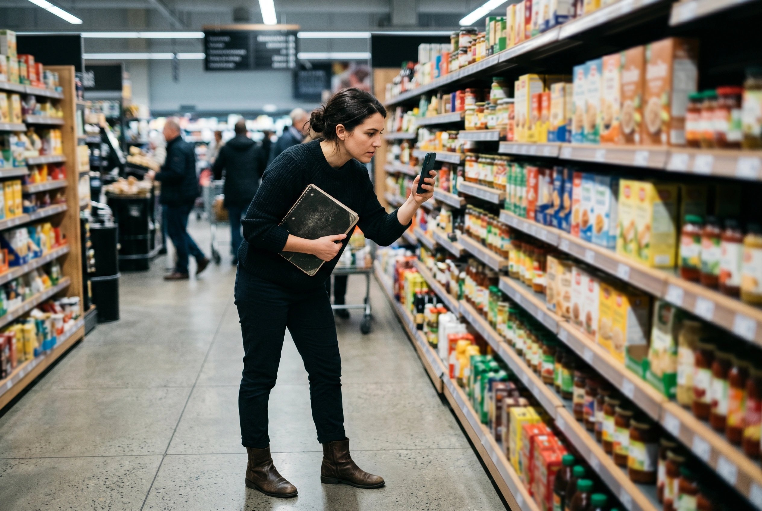 Designer photographing a supermarket shelf with a phone