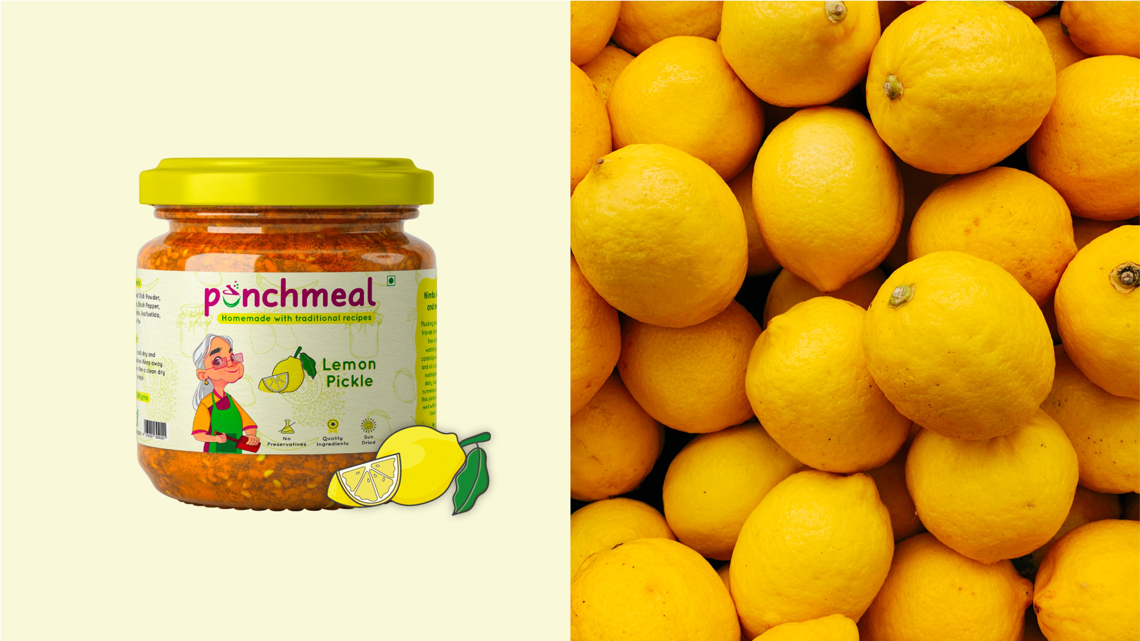 Punchmeal Lemon Pickle jar paired with a full-bleed photo of fresh lemons
