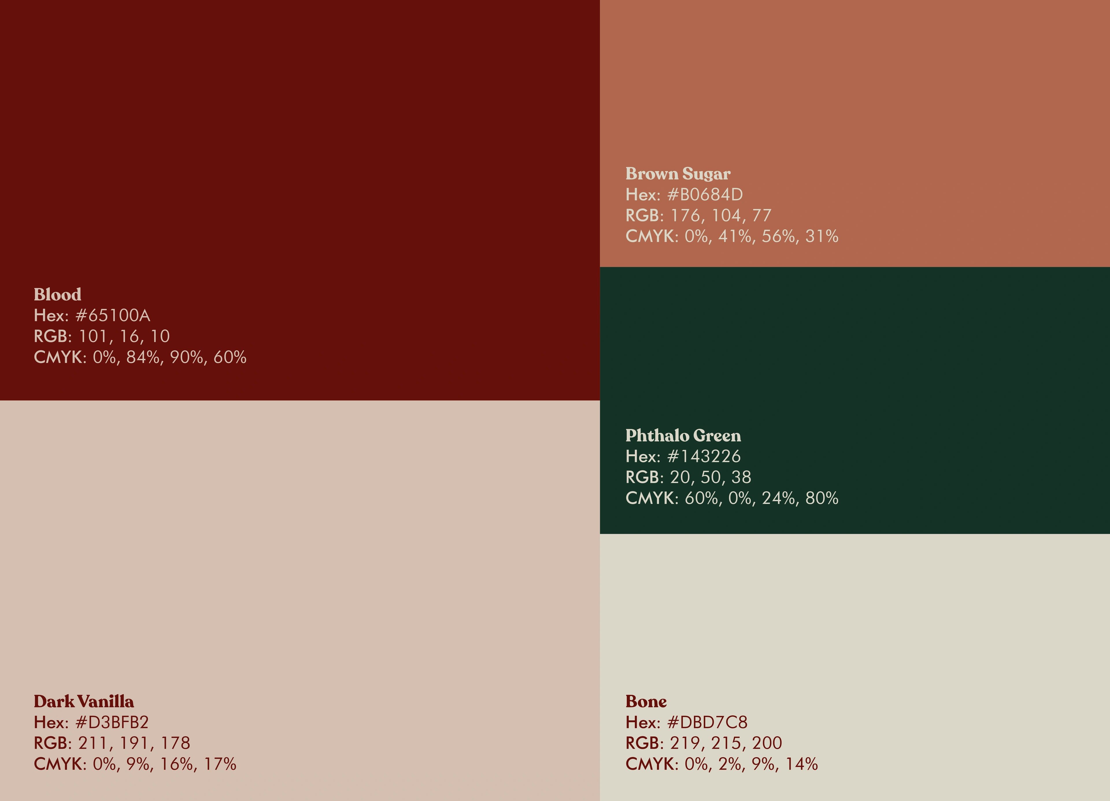 Mei brand palette — maroon, cream, clay, dusty rose and dark green
