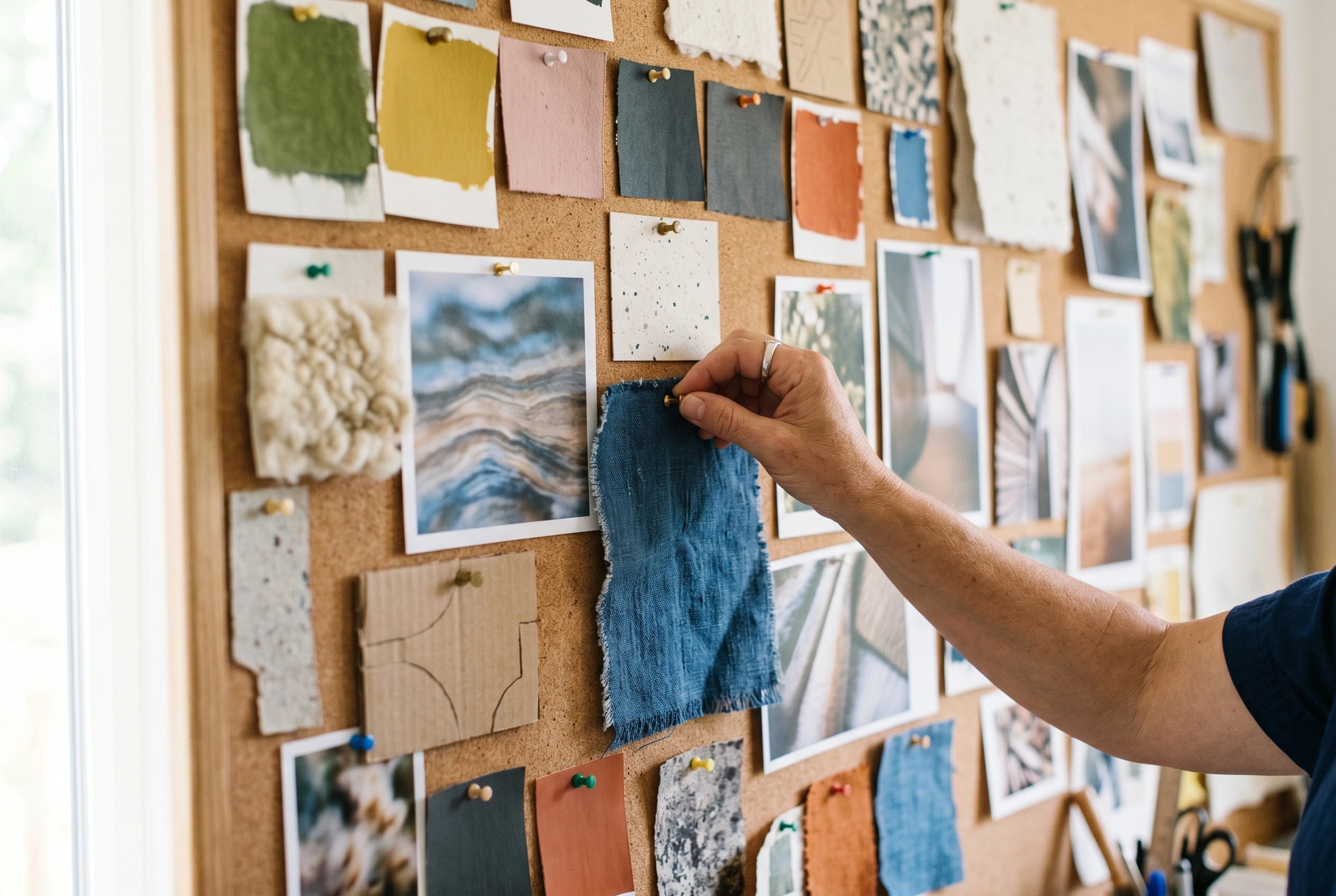 Studio moodboard with colour chips, material samples and photographic prints
