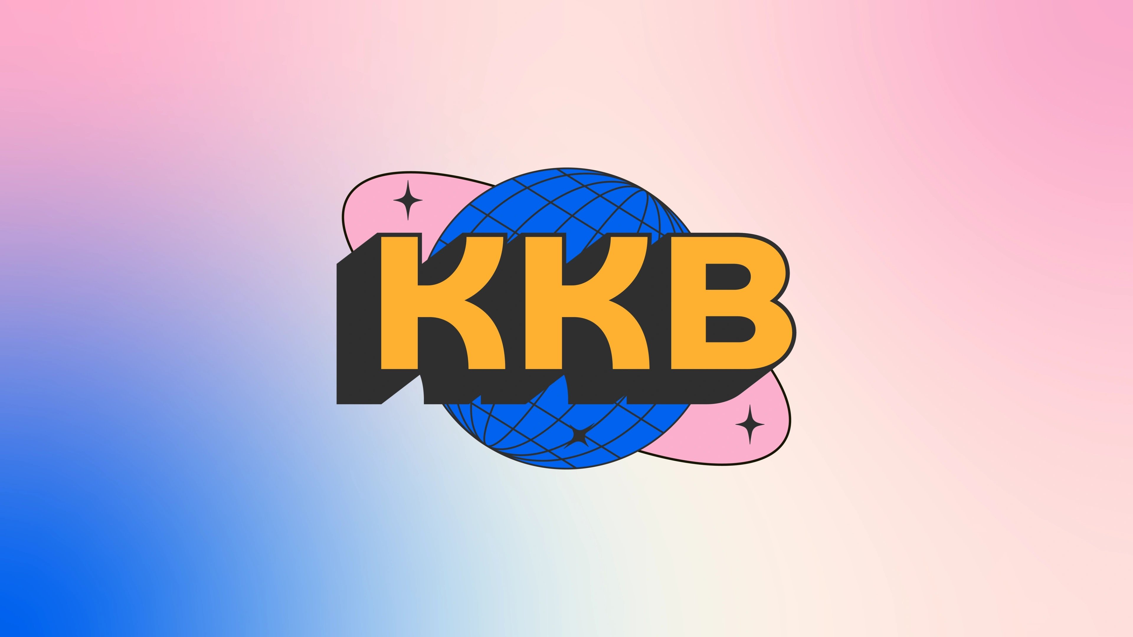 The KKB monogram badge centred on an electric-blue gradient