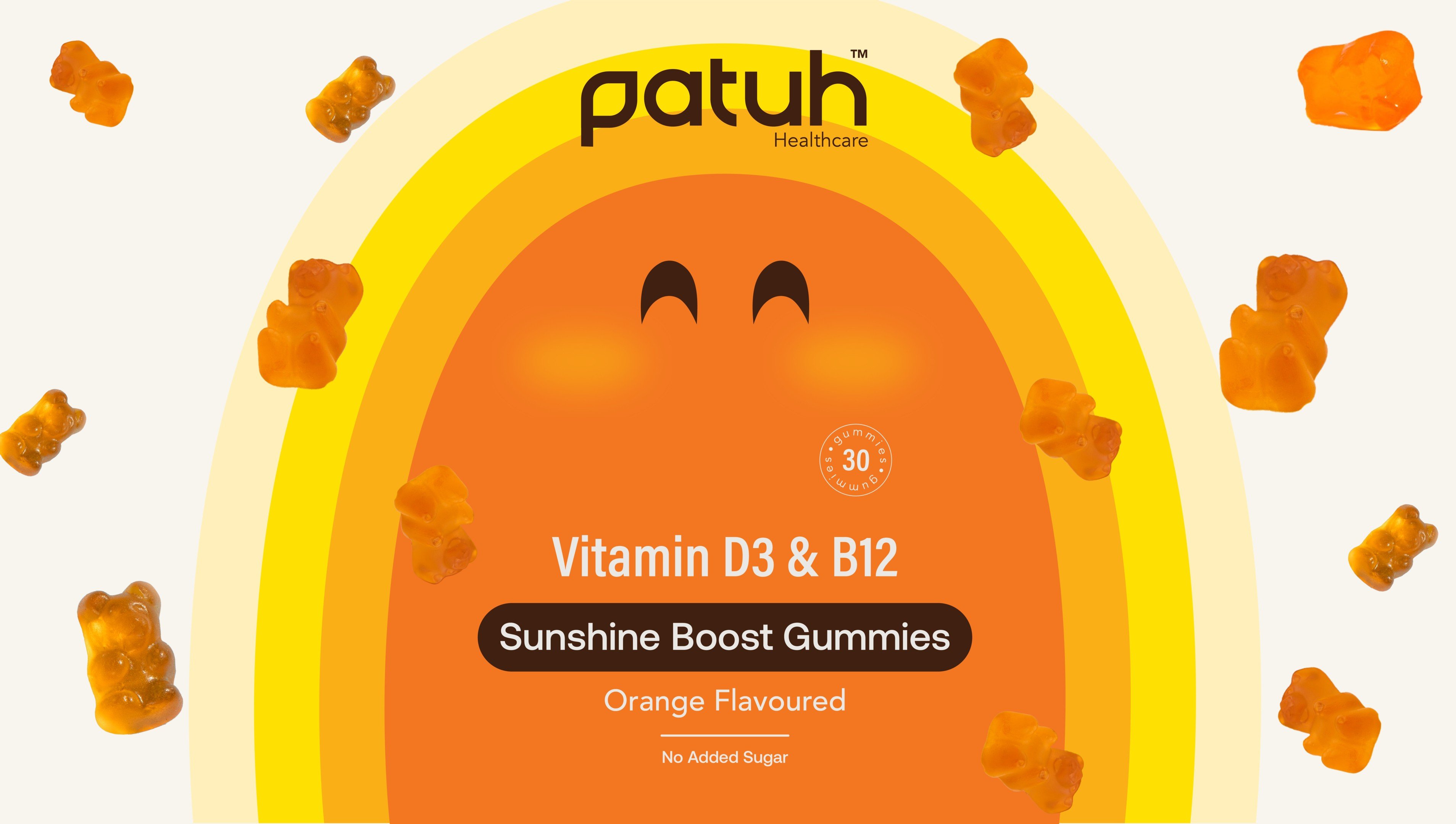 Full-bleed Patuh Sunshine Boost artwork — a smiling orange character face for the vitamin D3 and B12 gummies