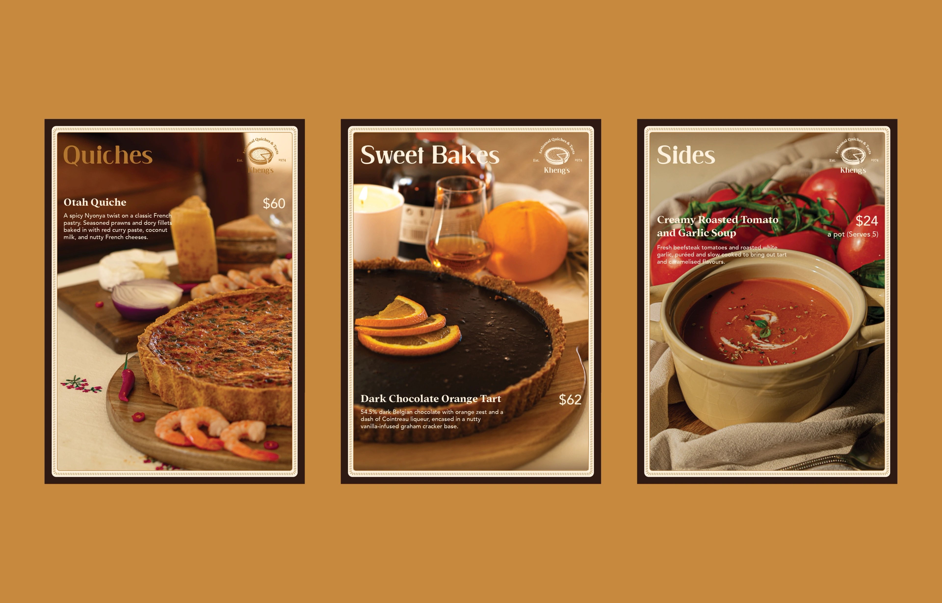 Kheng's menu cards for quiches, sweet bakes and sides