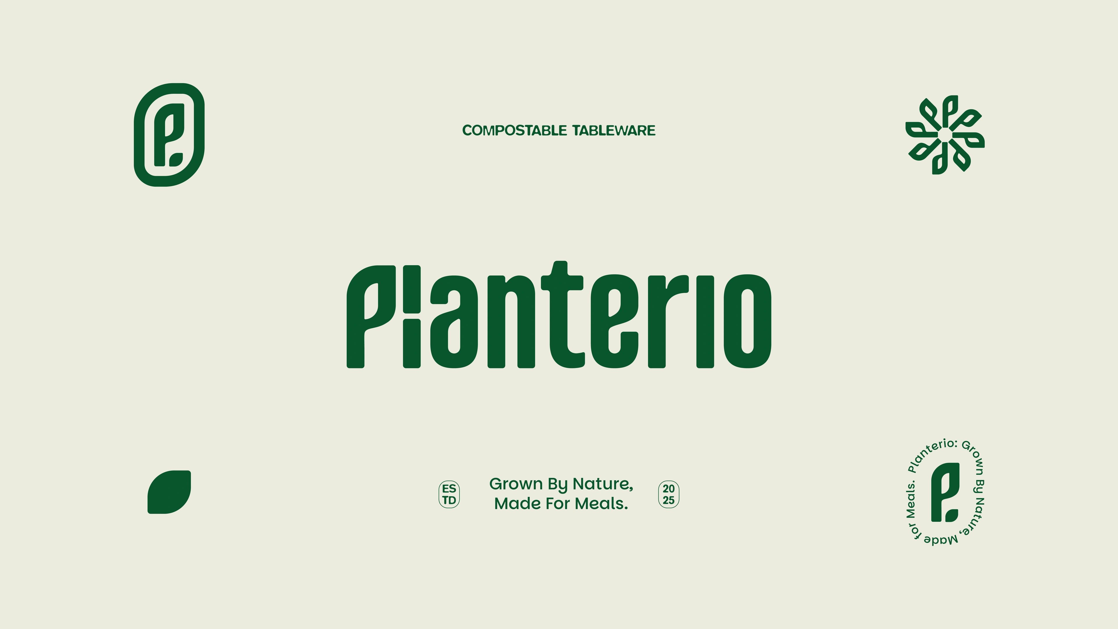 Planterio logo on cream alongside the leaf mark and compostable certification badges