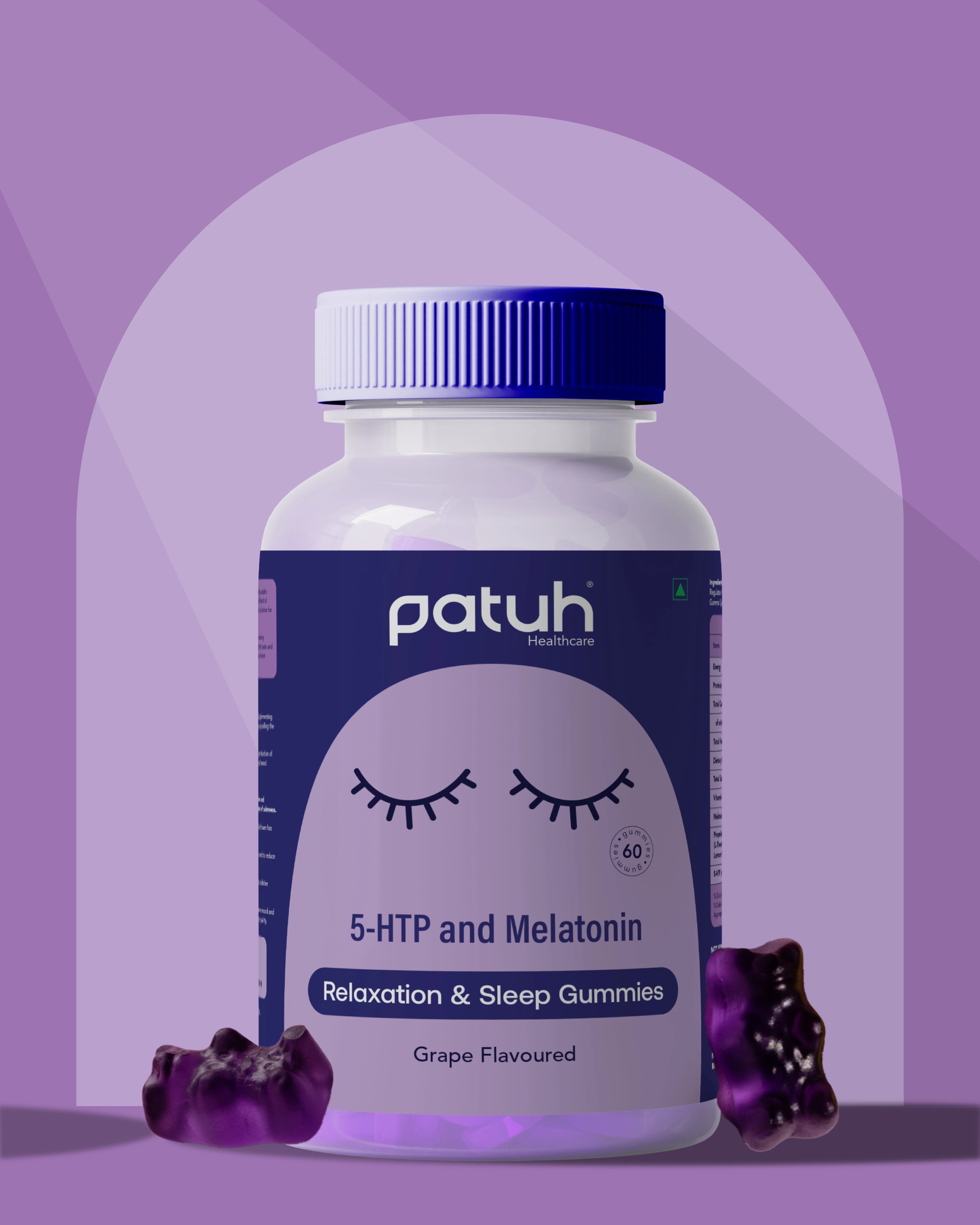 Patuh Healthcare Relaxation and Sleep gummies — 5-HTP and melatonin, grape flavour — with a sleepy-eyed character