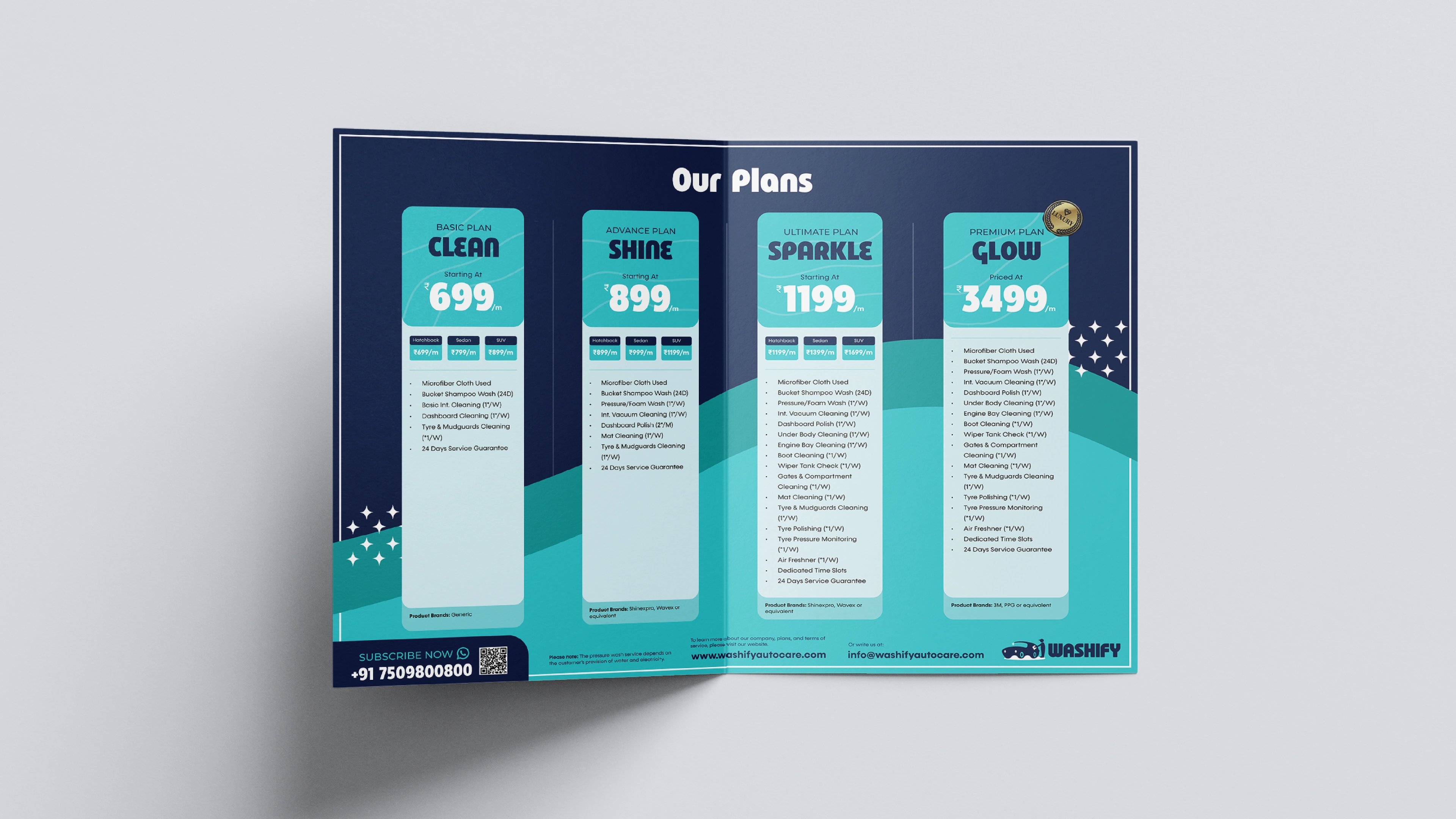 Washify 'Our Plans' pricing leaflet listing Clean, Shine, Sparkle and Glow tiers