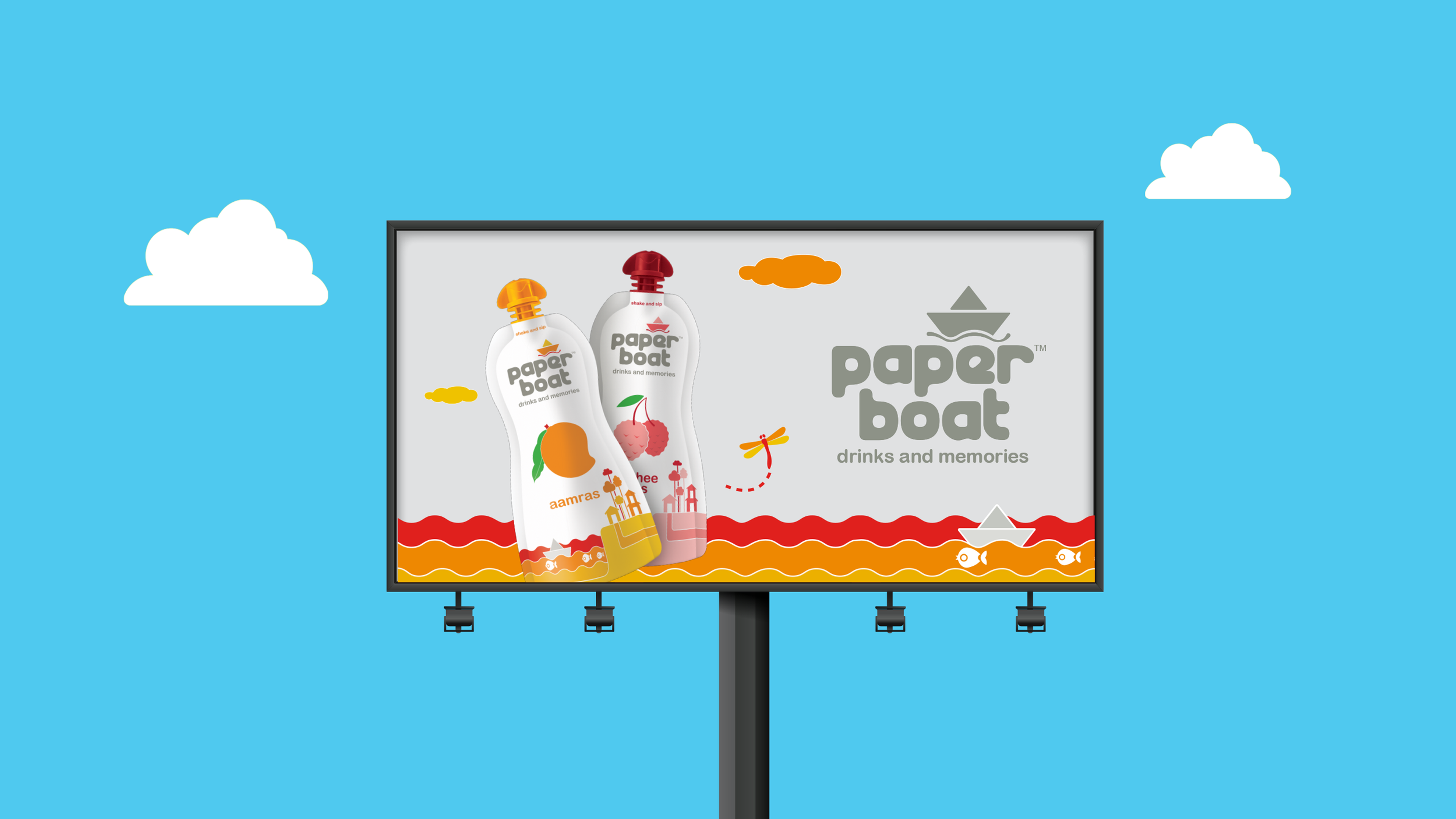 Paper Boat billboard with juice pouches and the line drinks and memories