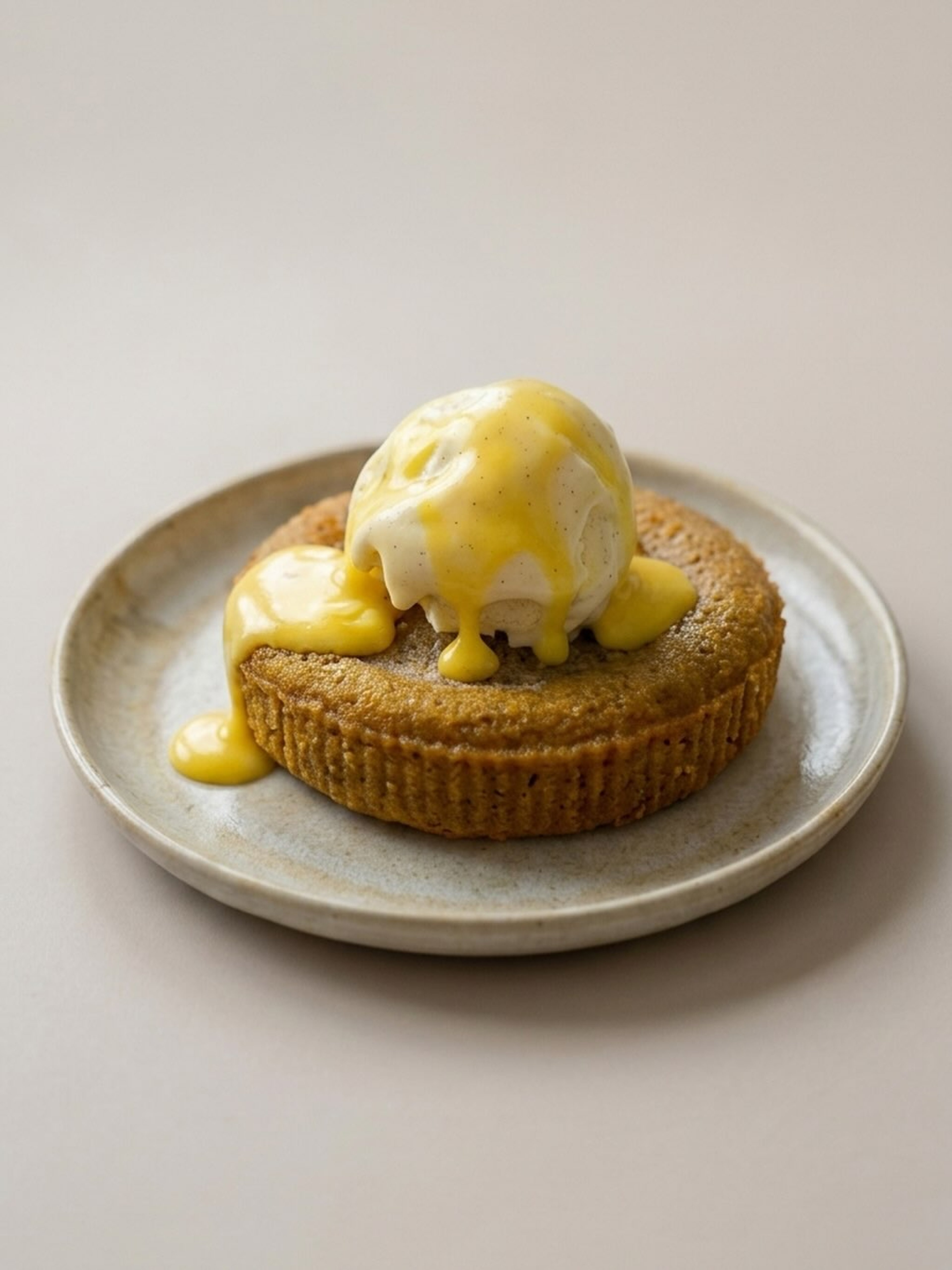 A Dry Café cake topped with a scoop of ice cream and saffron custard on a speckled ceramic plate