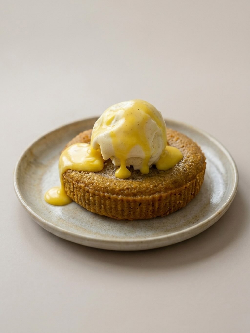 A Dry Café cake topped with a scoop of ice cream and saffron custard on a speckled ceramic plate