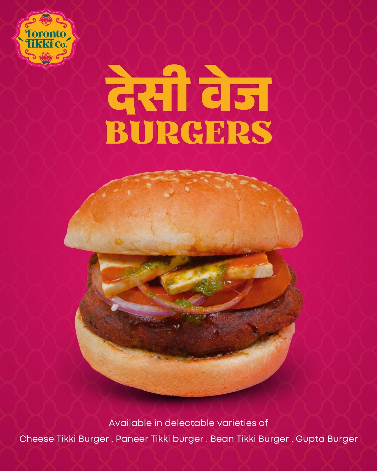 Toronto Tikki Co. Instagram promo for desi veg tikki burgers — a paneer-topped tikki burger on magenta