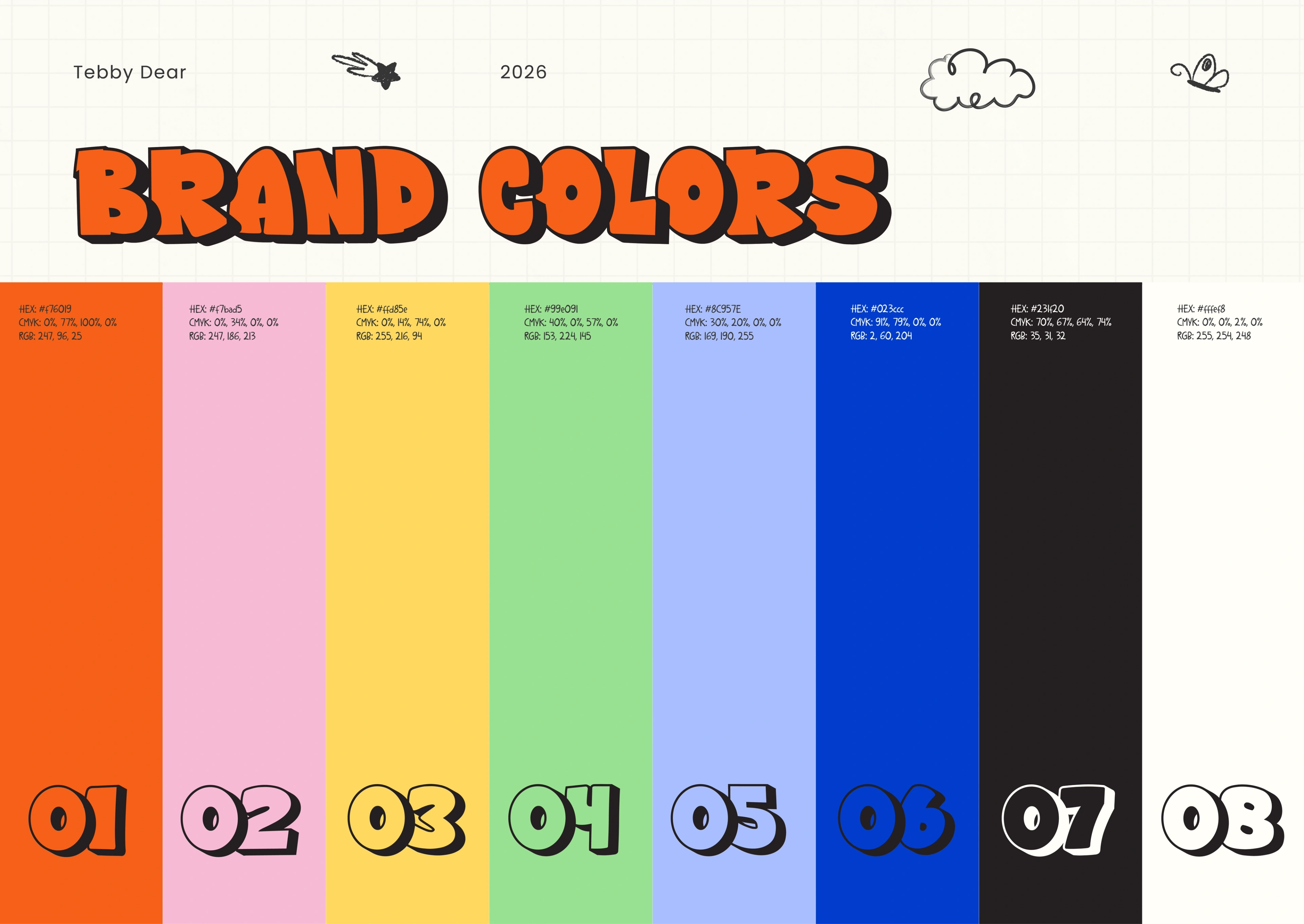 Tebby Dear brand-colour palette laid out as eight bright swatches