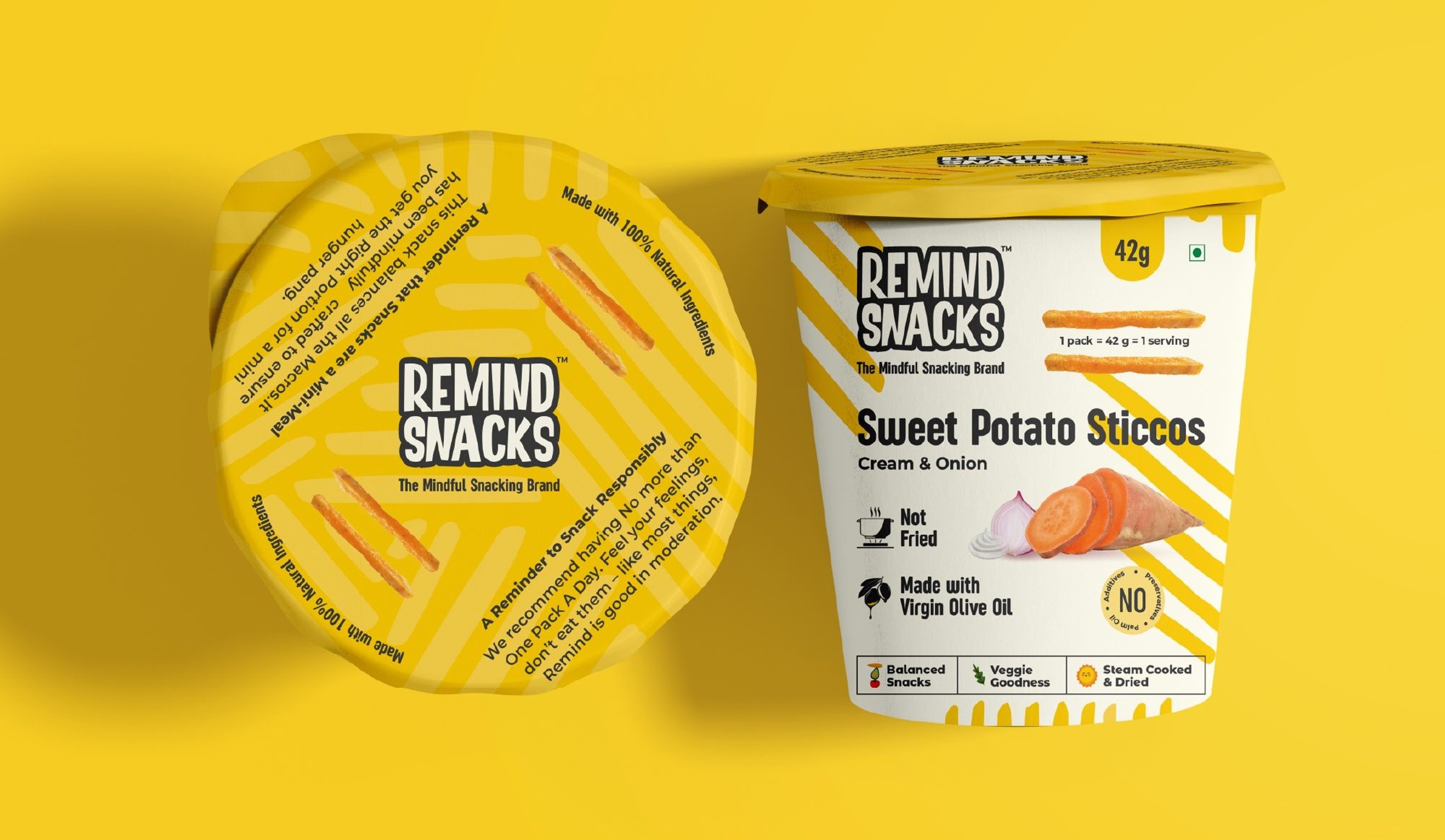 Two cups of Remind Snacks “Sweet Potato Sticcos” on a bright yellow background — a clean packaging mockup