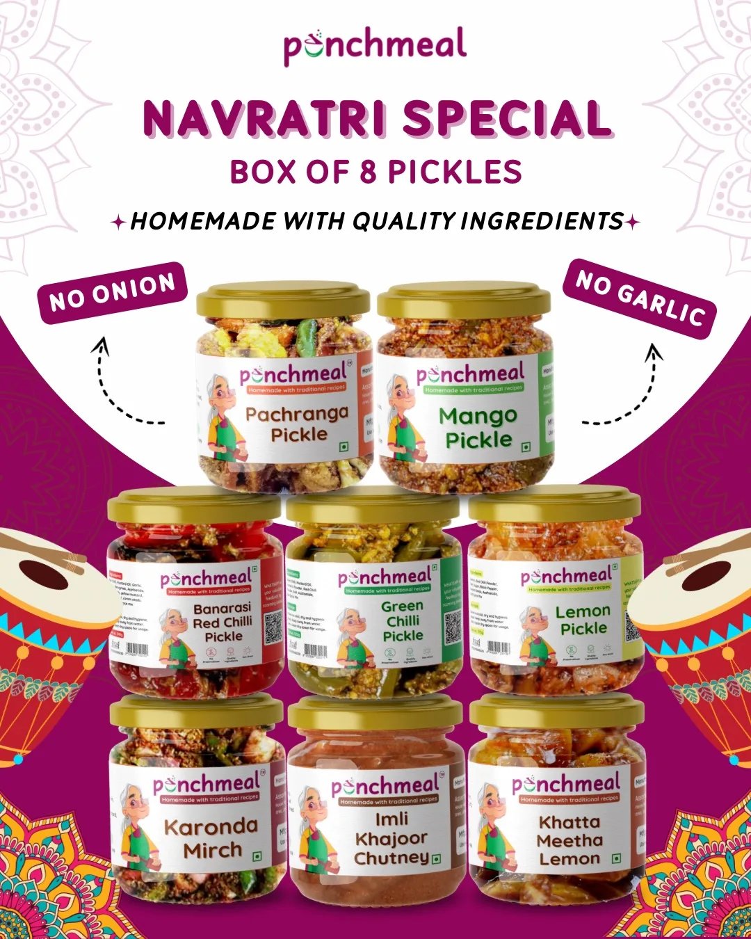 Punchmeal Navratri Special social creative — a no-onion-no-garlic box of eight pickles on a festive magenta backdrop