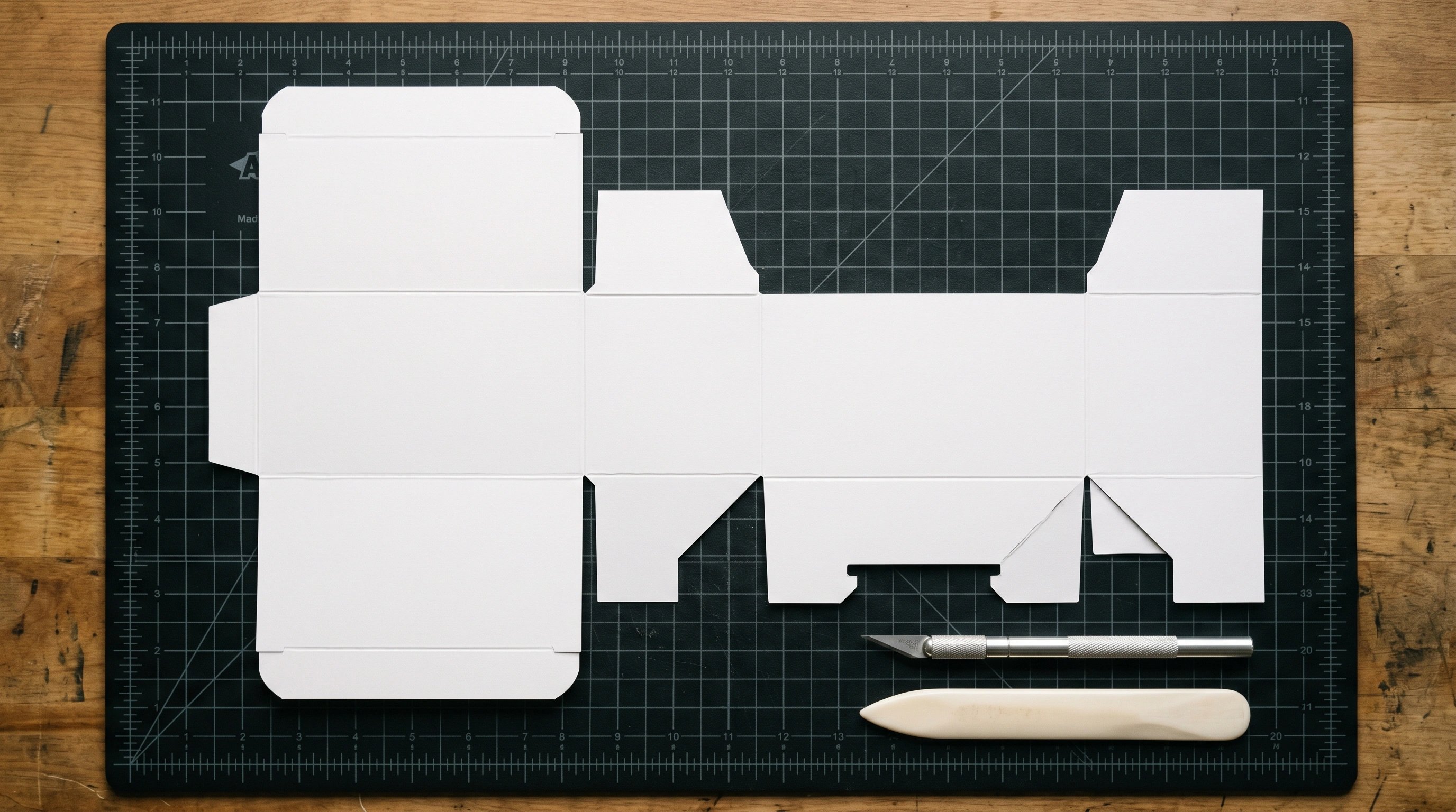 Die-cut blank carton unfolded completely flat on a dark cutting mat