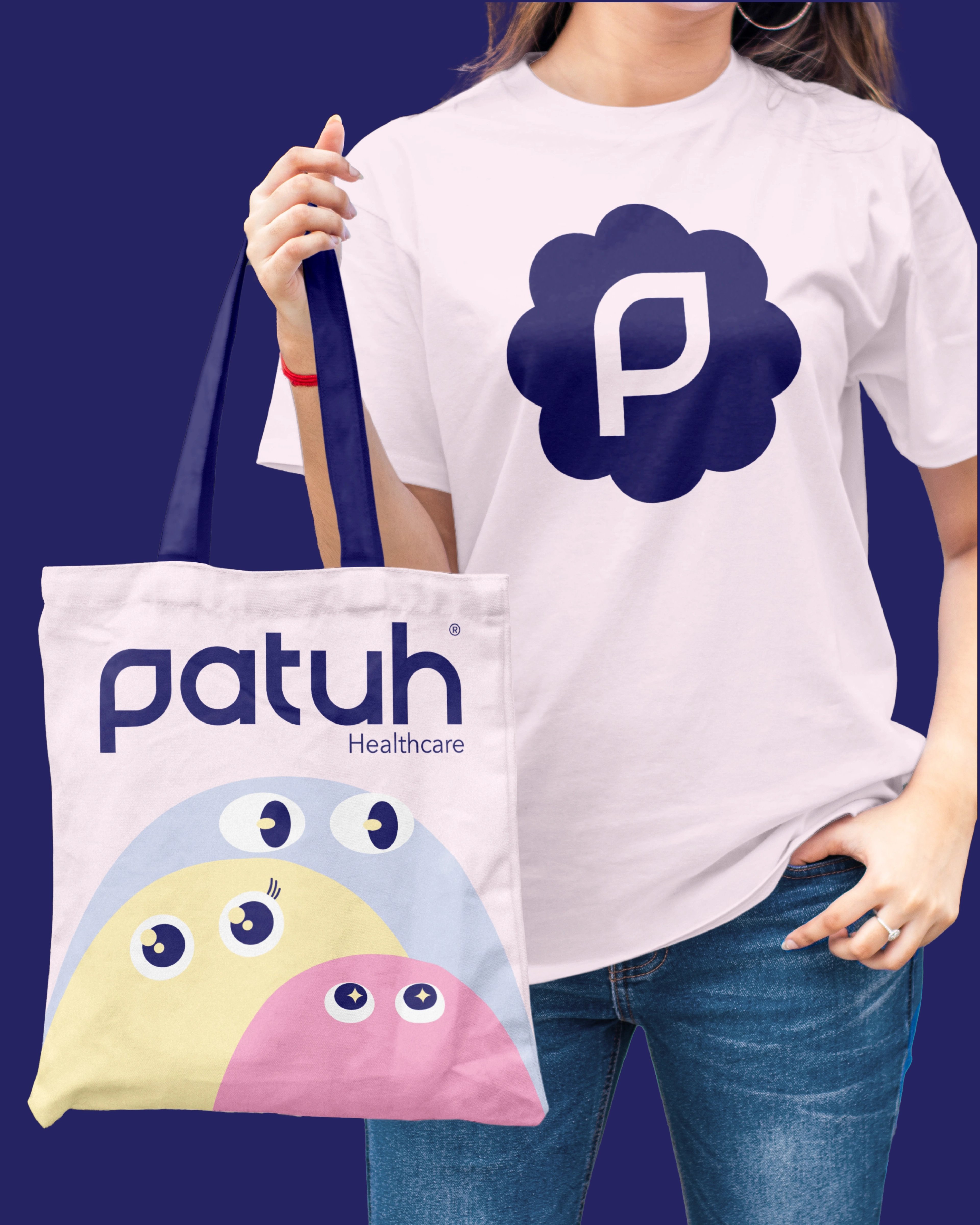 Patuh Healthcare Eye Health jar beneath an arc of multicolour gummy bears spanning the full flavour range