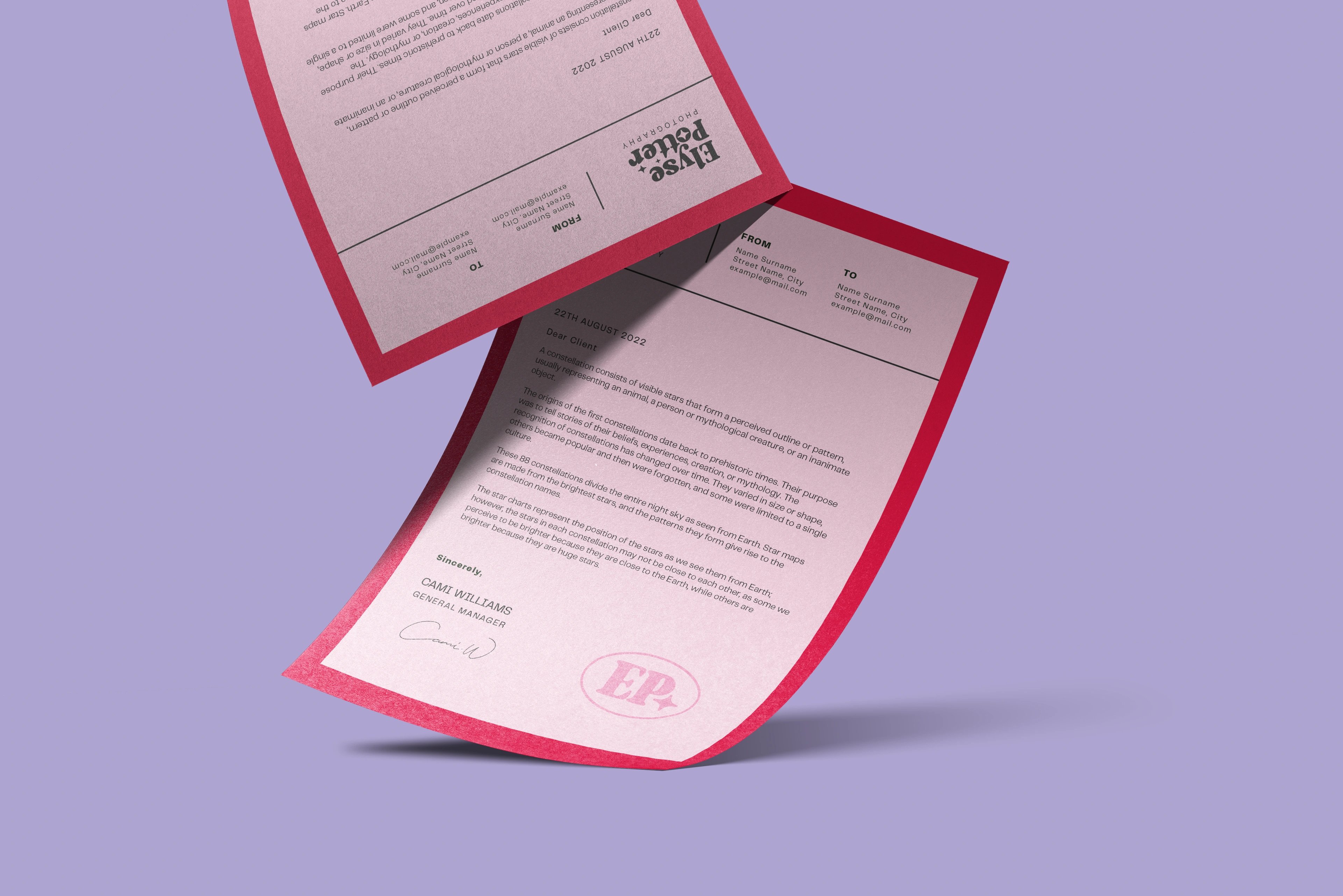 Elyse Potter Photography letterheads on a lavender ground — pink sheets with a red border carrying the wordmark, a signature and the EP stamp