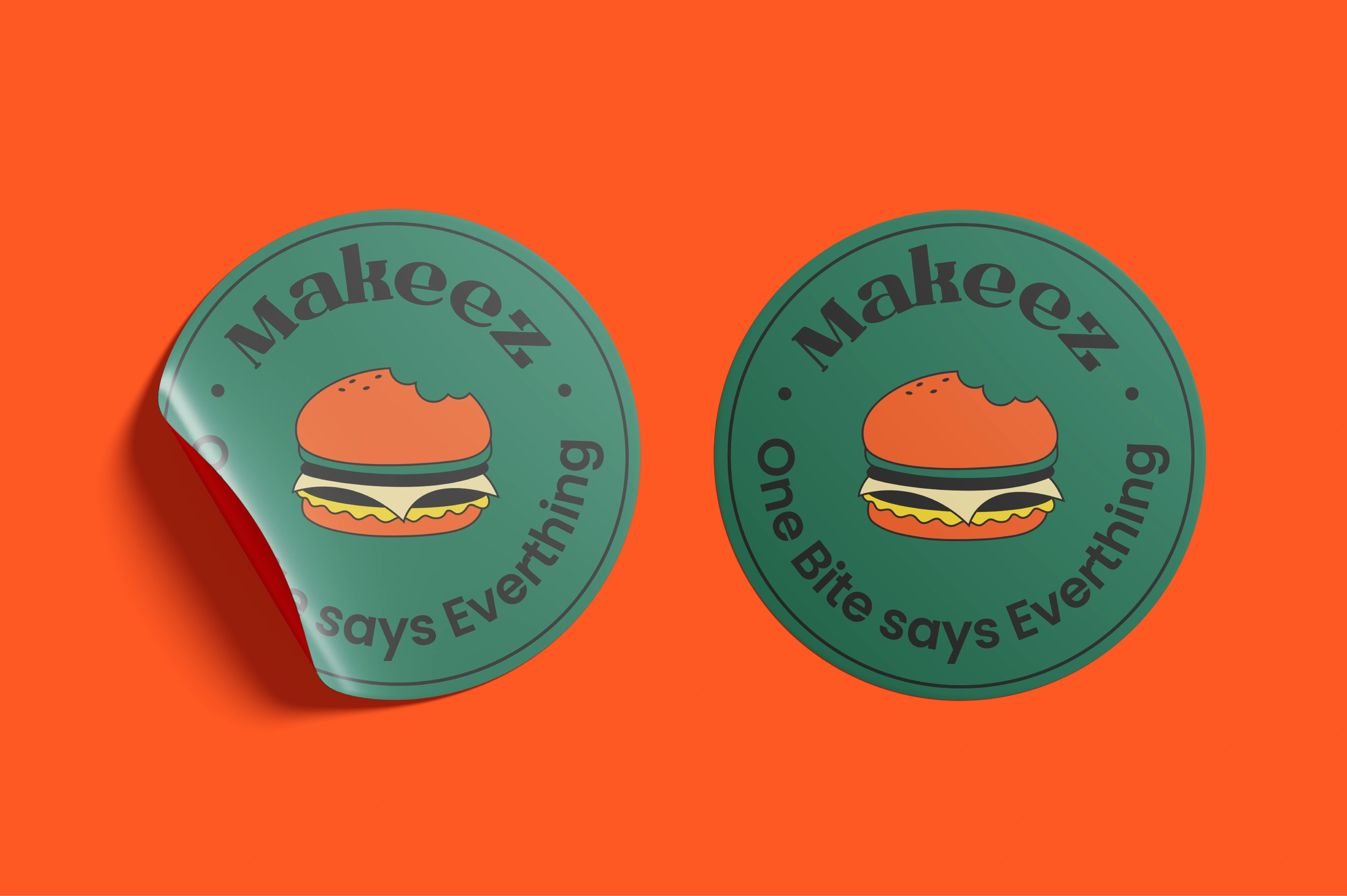 Makeez round brand stickers in green and orange