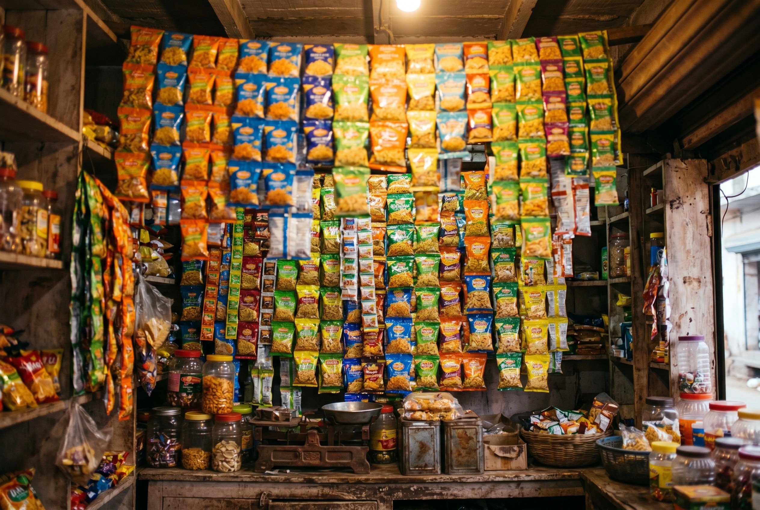 Indian kirana shop wall stacked floor to ceiling with colourful snack packets