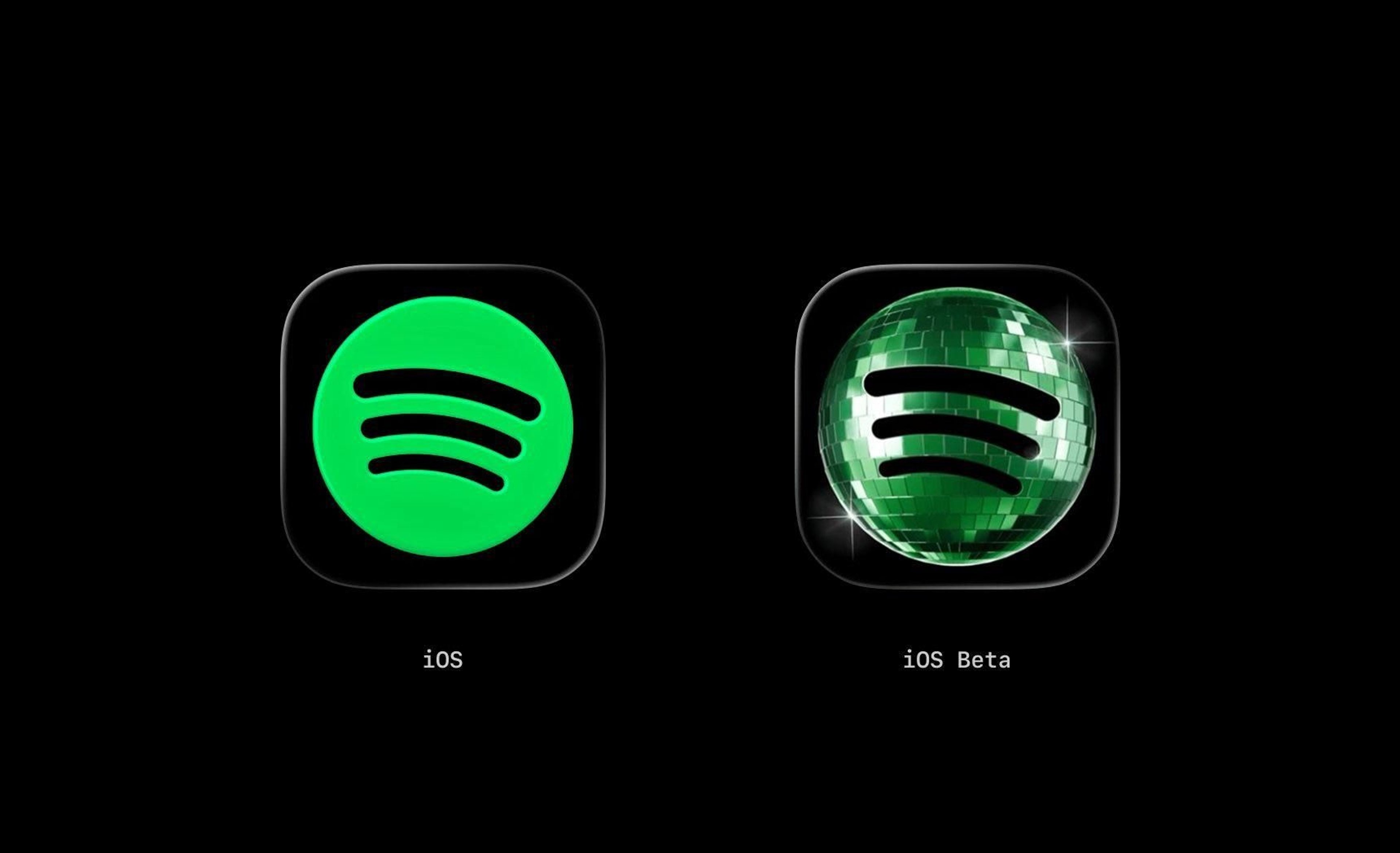 Two Spotify app icons side by side — the flat green “iOS” icon beside a glossy, disco-ball-textured “iOS Beta” version