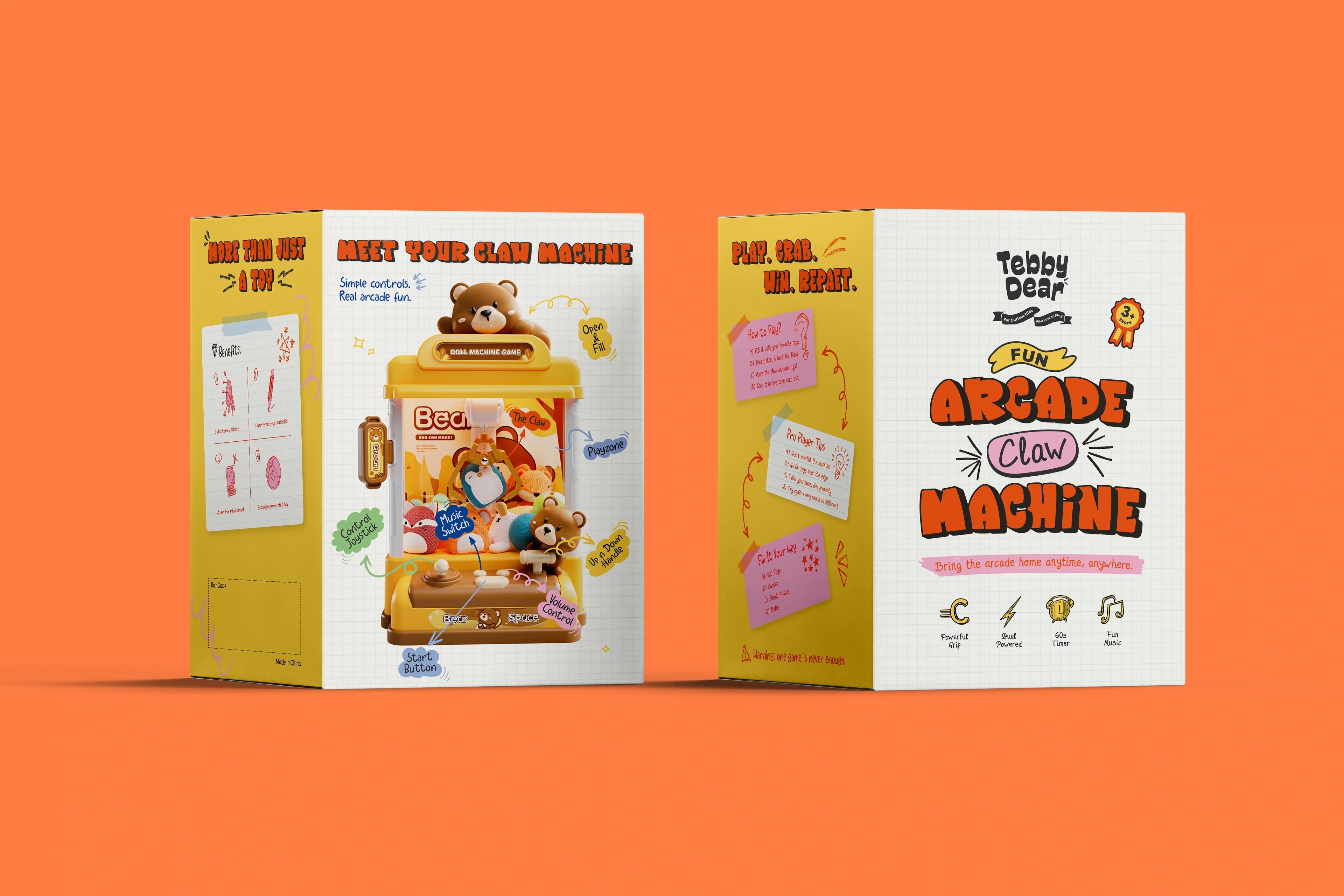Three Tebby Dear claw-machine boxes lined up showing the front and side faces on orange
