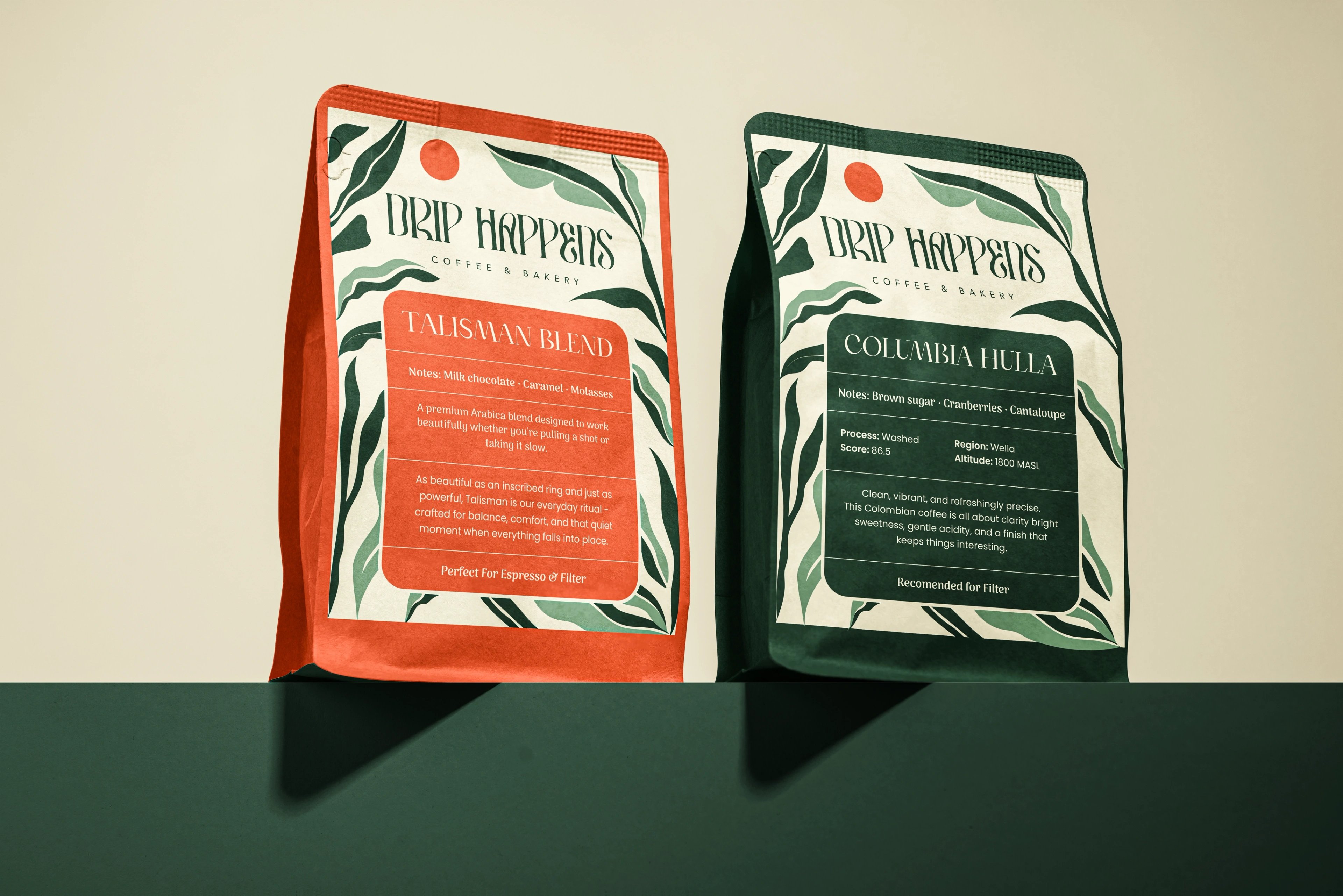 Drip Happens retail coffee bags for the Talisman and Columbia Hulla blends with hand-drawn botanical labels