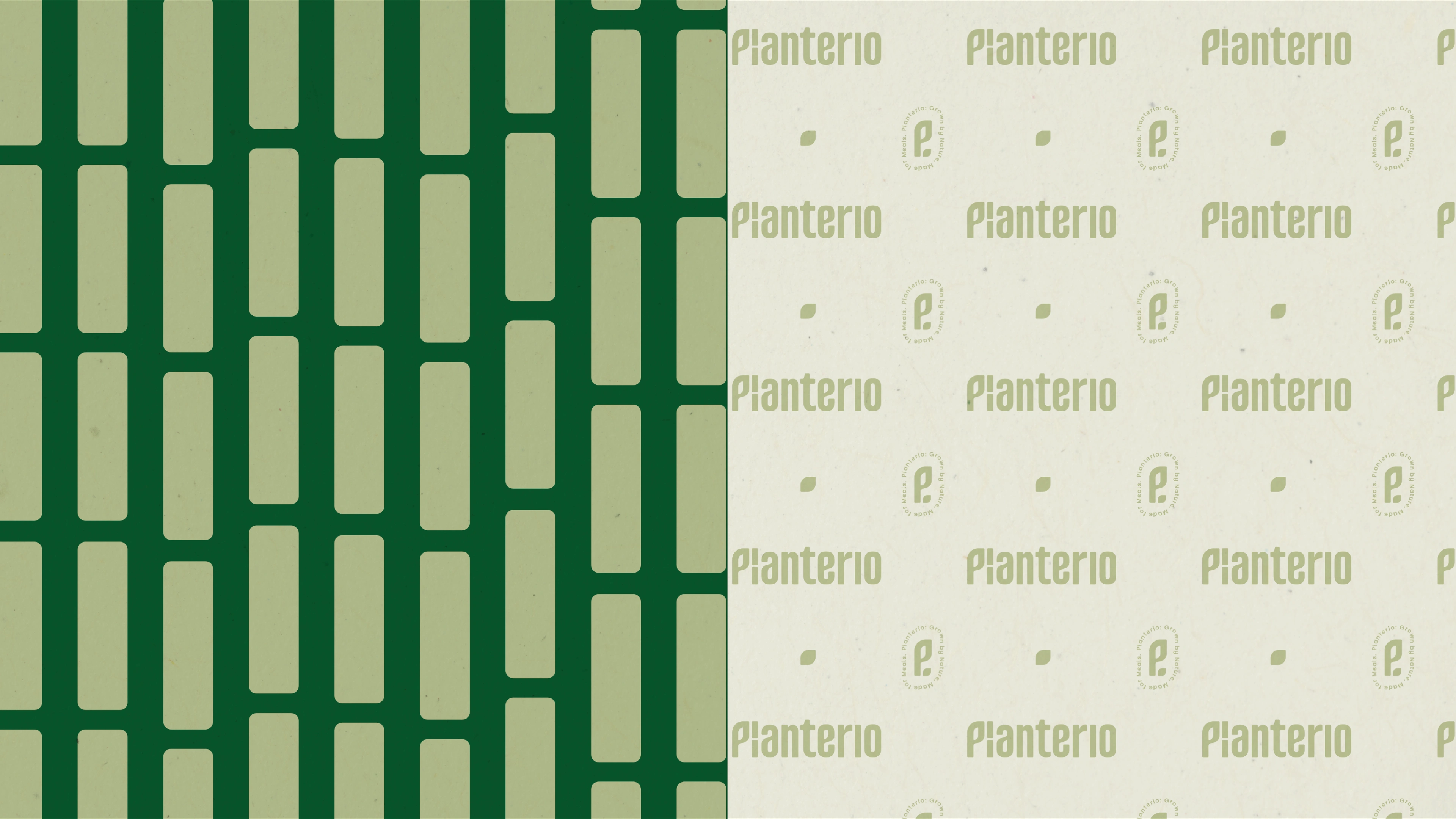 Planterio graphic language — a green brick motif beside the repeating wordmark pattern