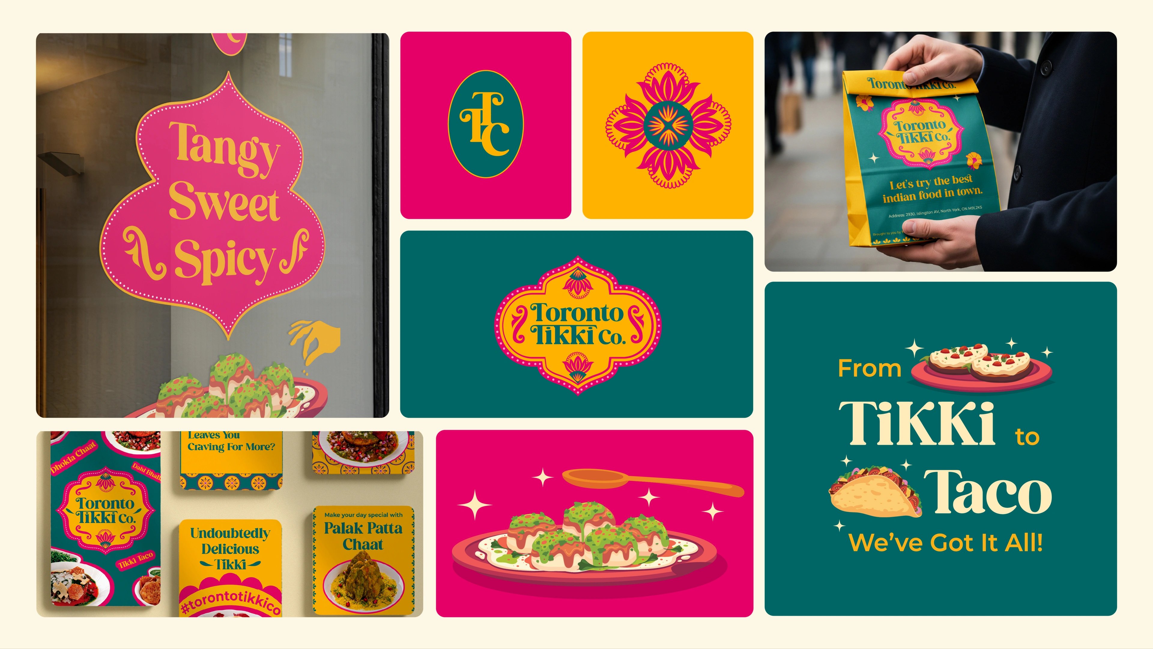 Toronto Tikki Co. brand elements — window decal, lotus motif, packaging labels and chaat illustrations across magenta, teal and yellow