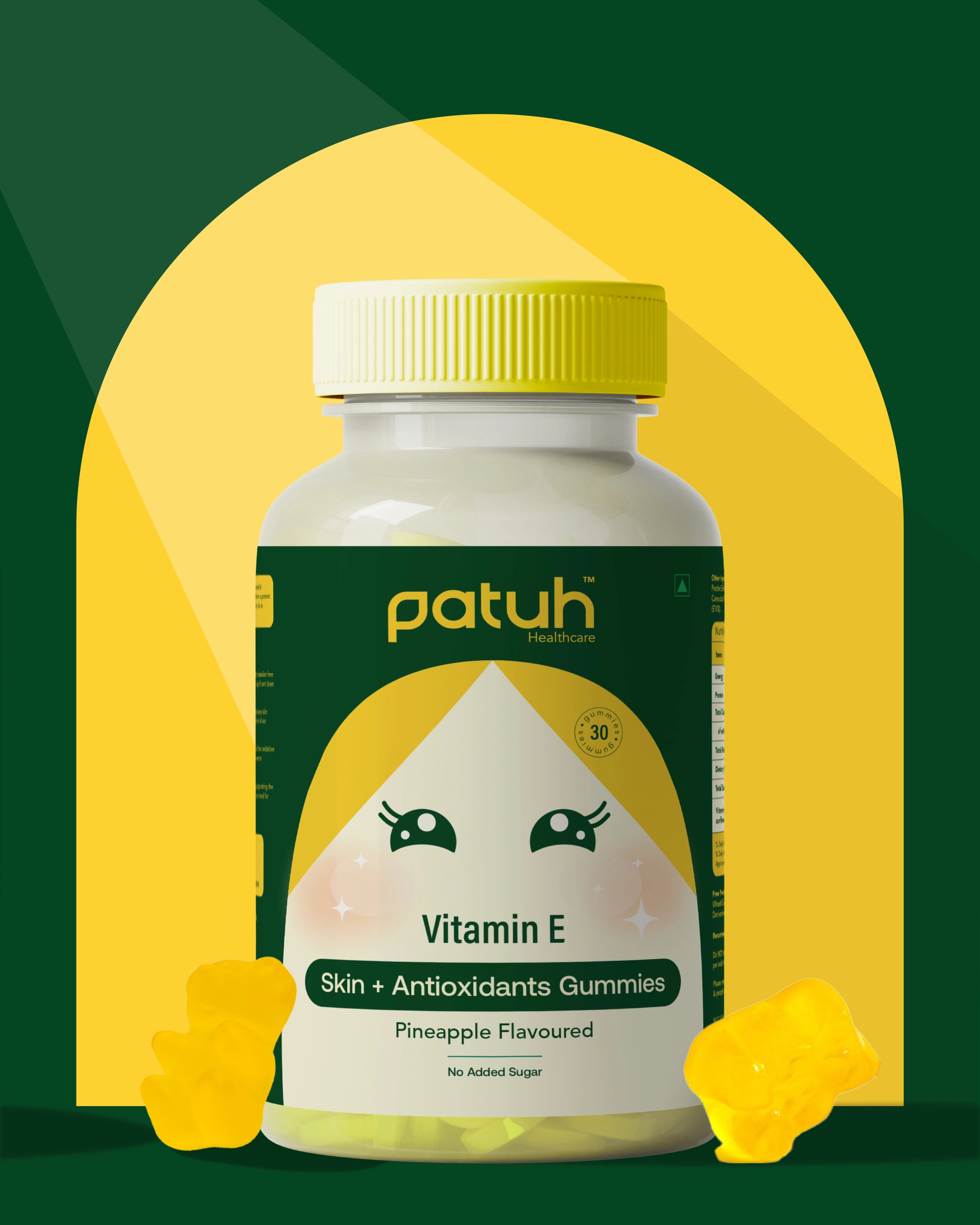 Patuh Healthcare Vitamin E skin and antioxidant gummies in pineapple flavour, with a sparkle-eyed character on green