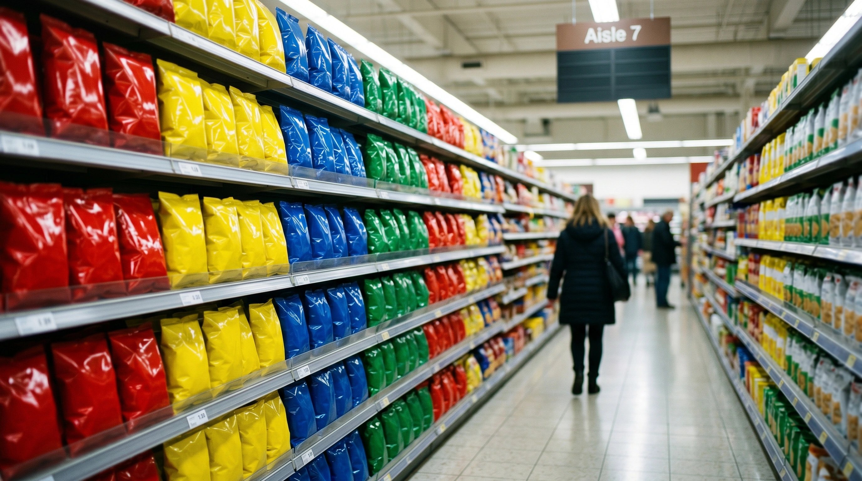 Supermarket snack aisle of colourful blurred chip bags