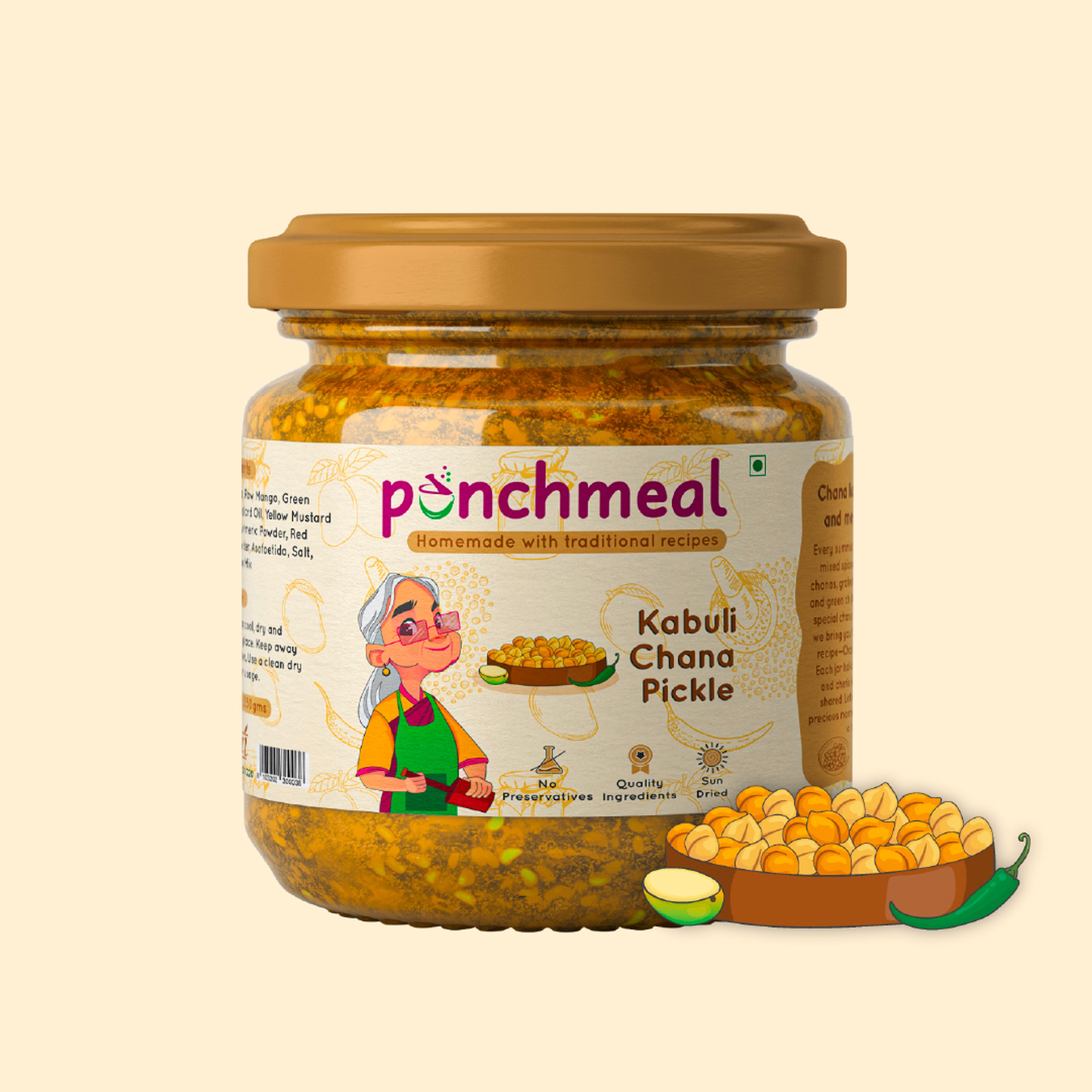 Punchmeal Kabuli Chana Pickle jar beside its hand-drawn bowl-of-chana ingredient illustration