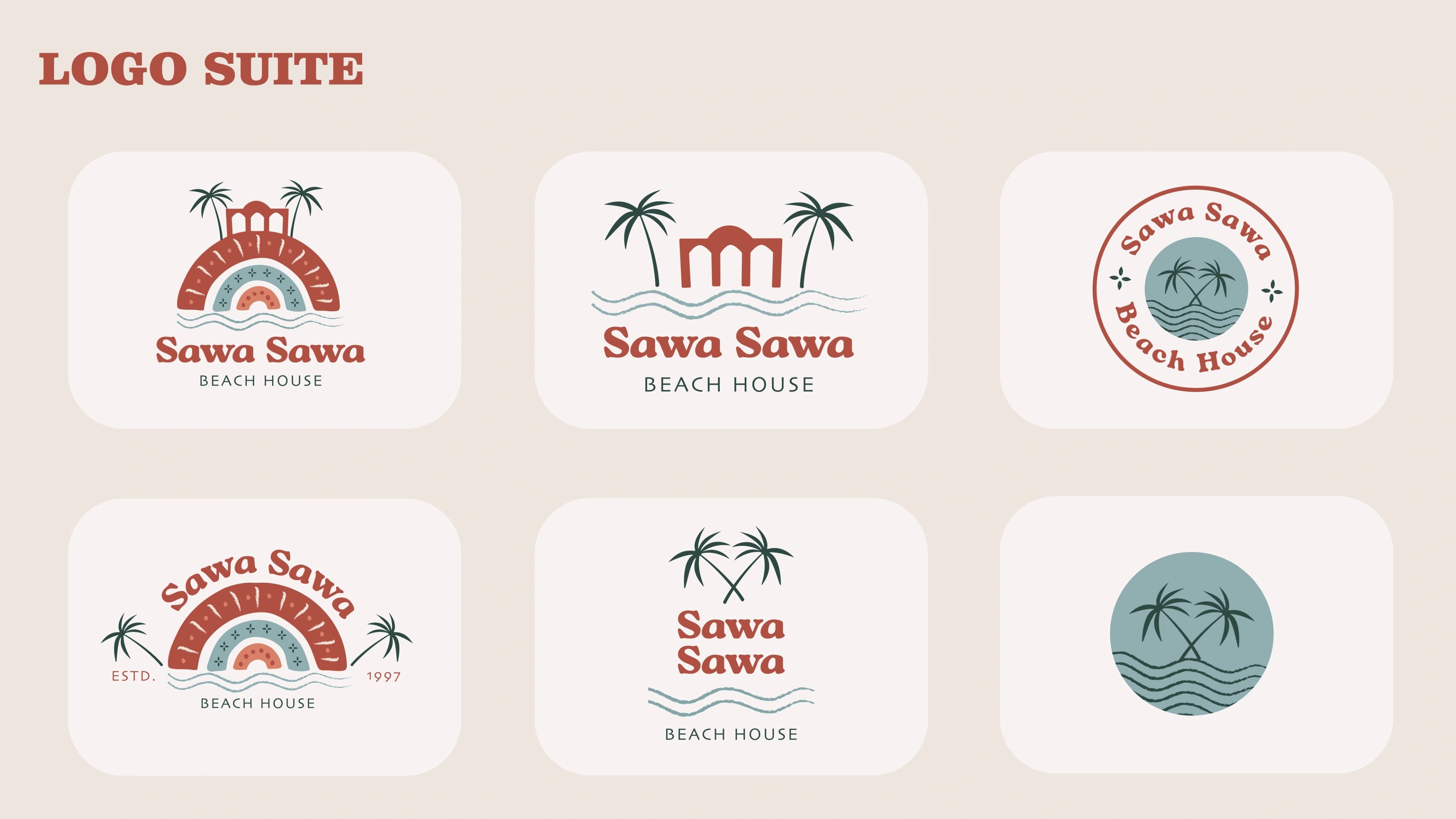 The Sawa Sawa Beach House logo suite, six emblem and badge variations built from arches, palms and waves