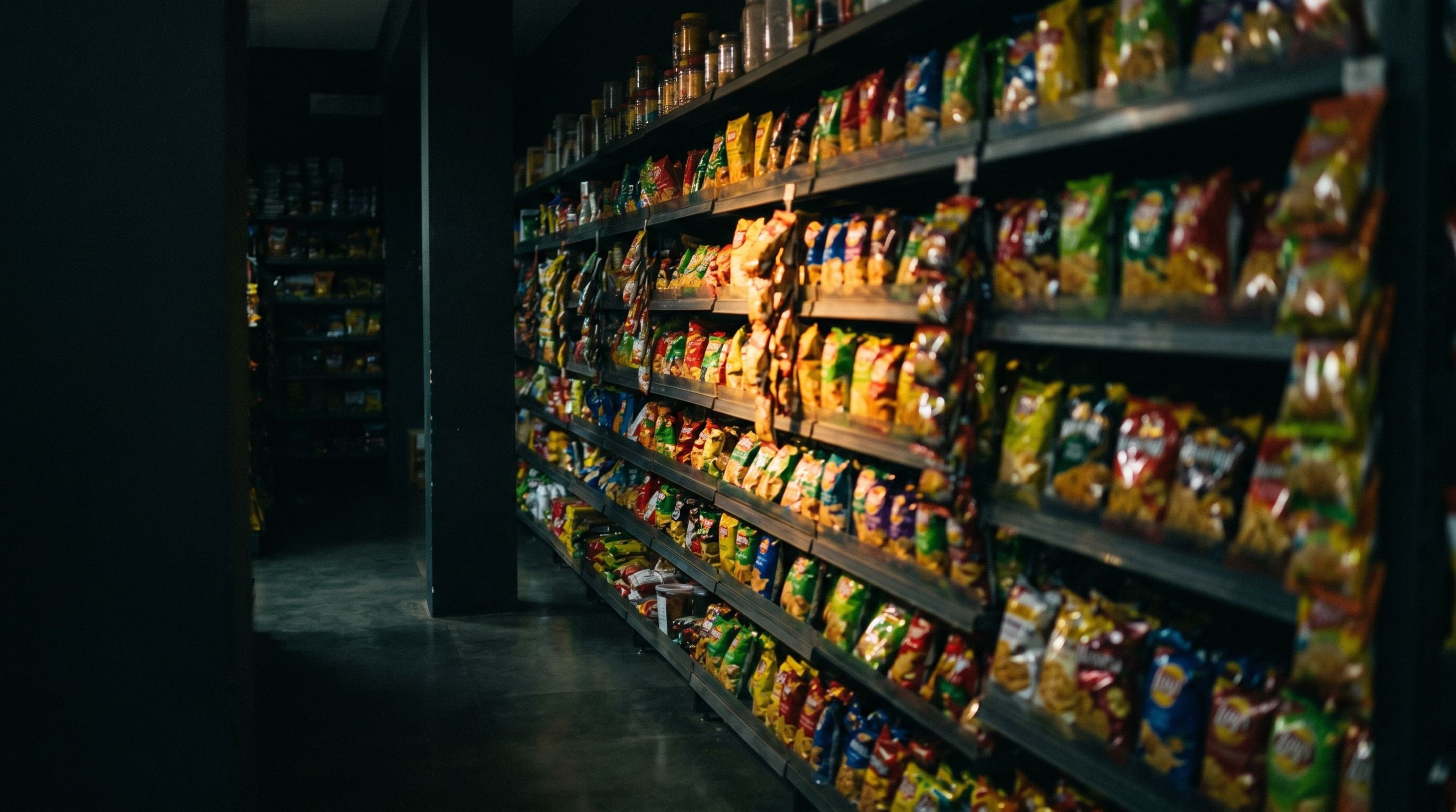 A dim supermarket aisle lined with shelves of colourful packaged snack bags receding into the distance