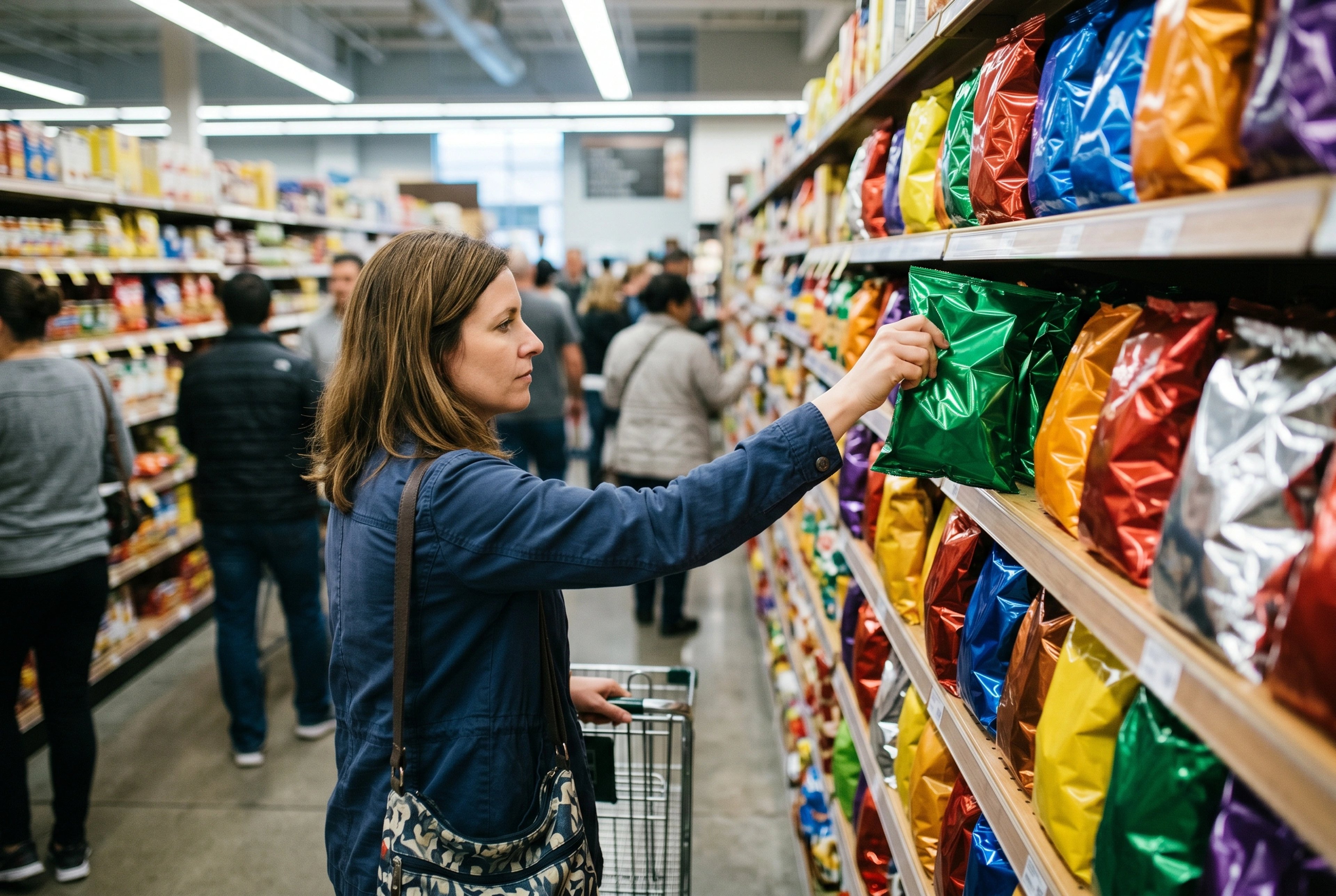 Shopper reaching for a chip bag on a crowded colourful snack shelf