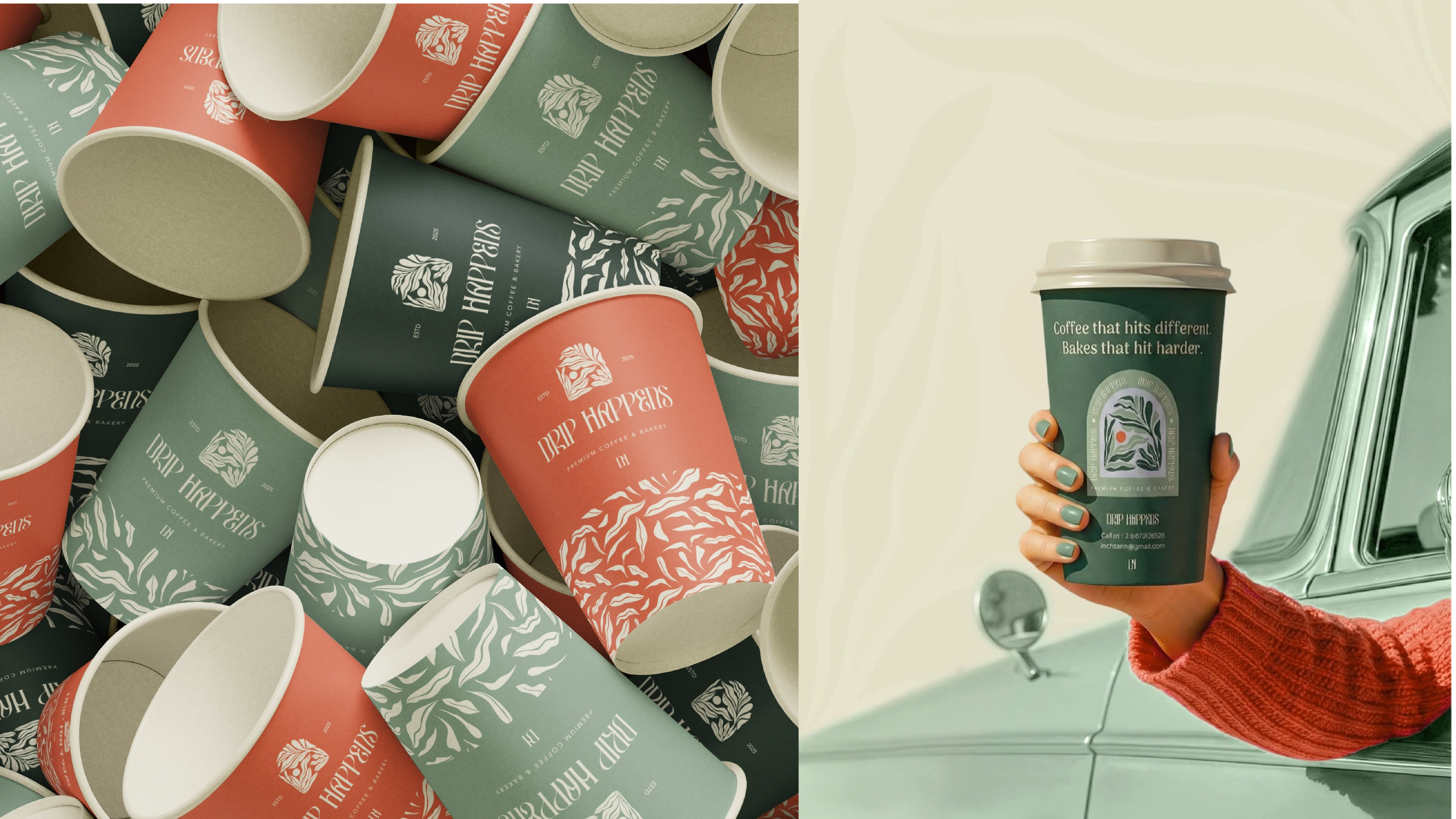 Drip Happens paper-cup range piled together beside a held green cup against a mint vintage car