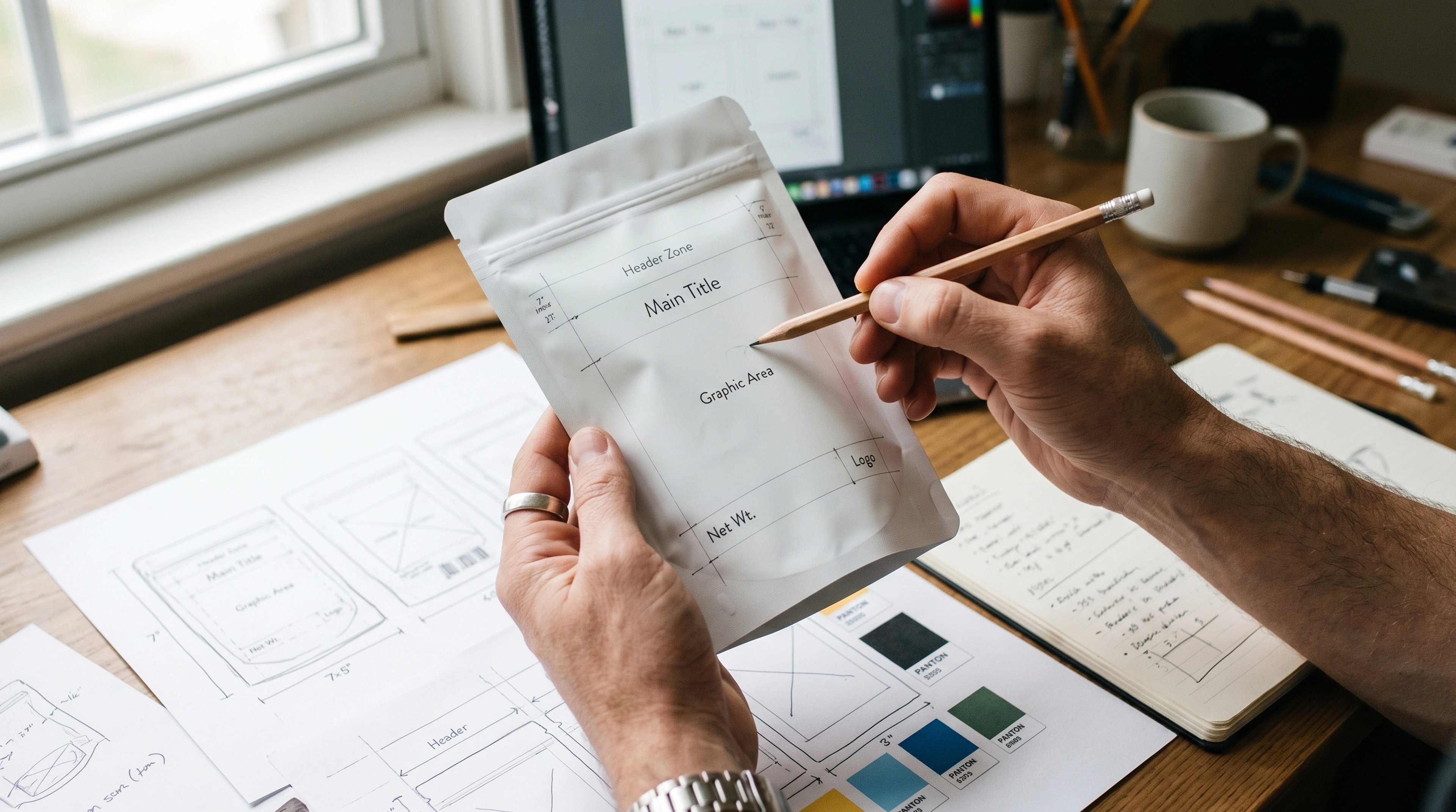 Hands holding a blank snack pack while a pencil marks out layout zones