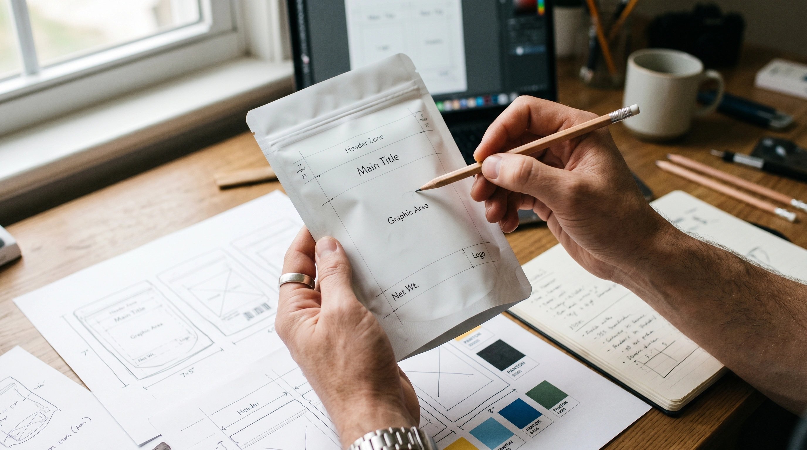 Hands holding a blank snack pack while a pencil marks out layout zones