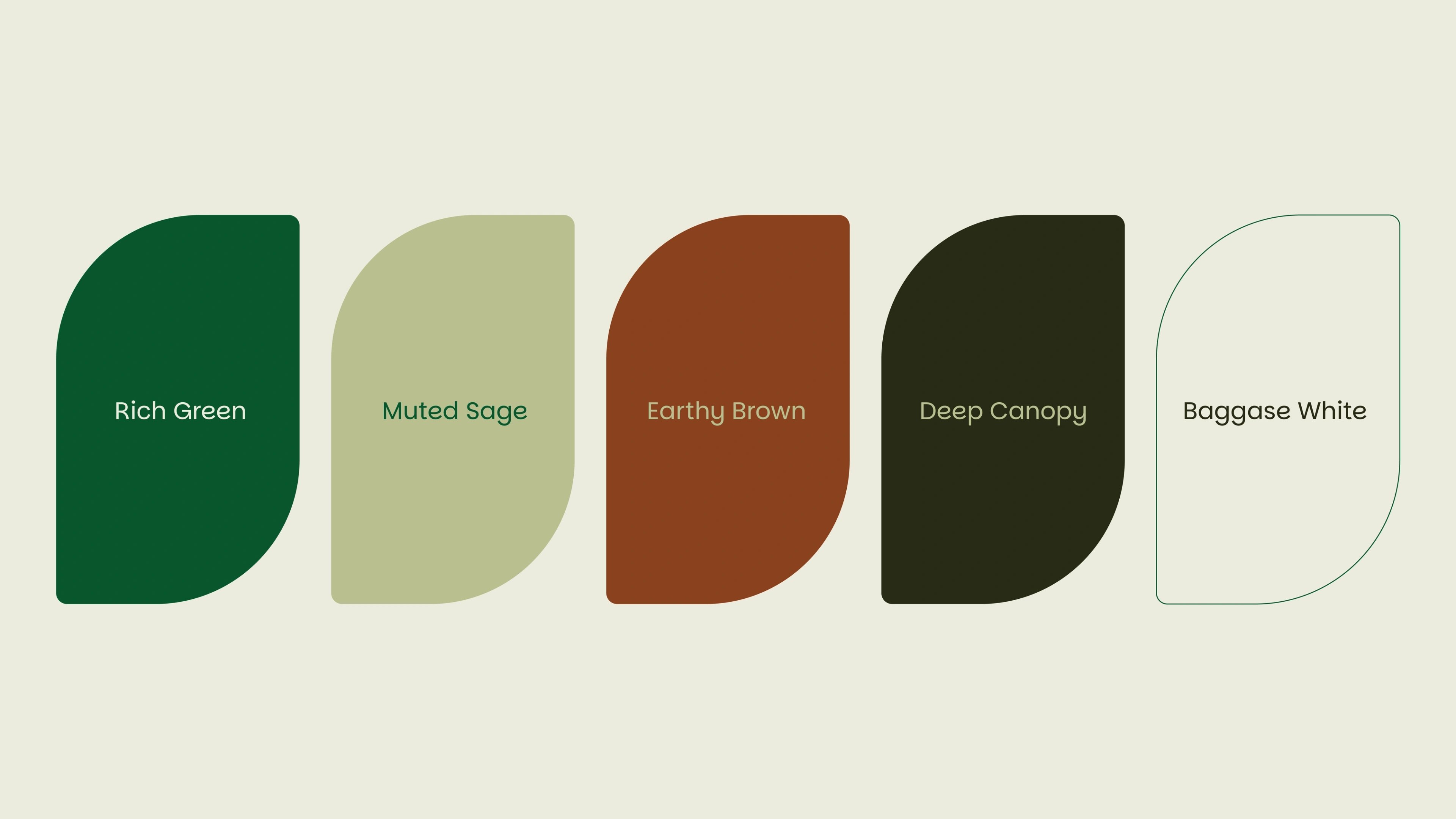 Planterio colour palette as five leaf-shaped swatches — Rich Green, Muted Sage, Earthy Brown, Deep Canopy and Bagasse White