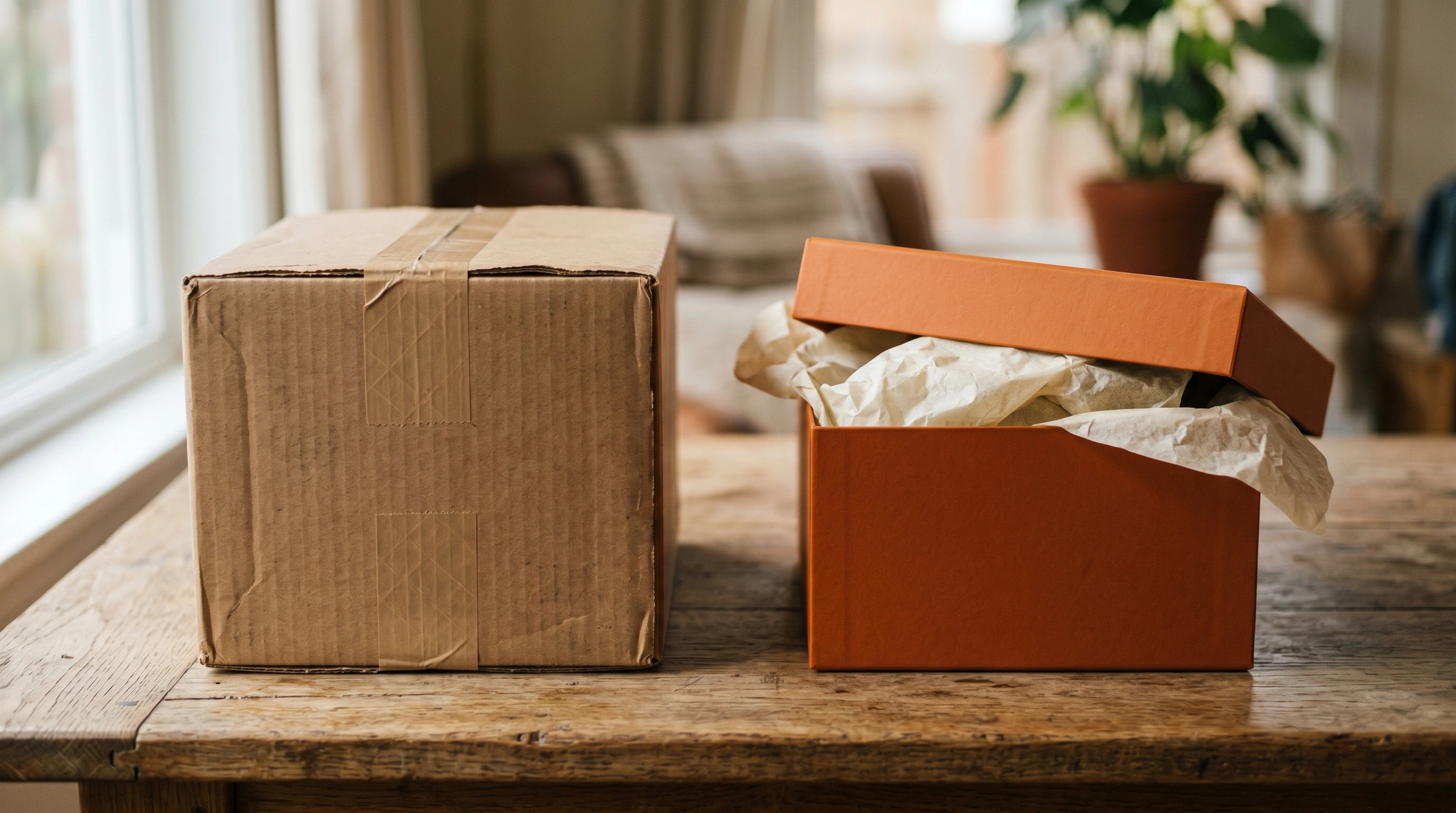 Plain brown shipping box next to a considered deep-orange box with tissue paper