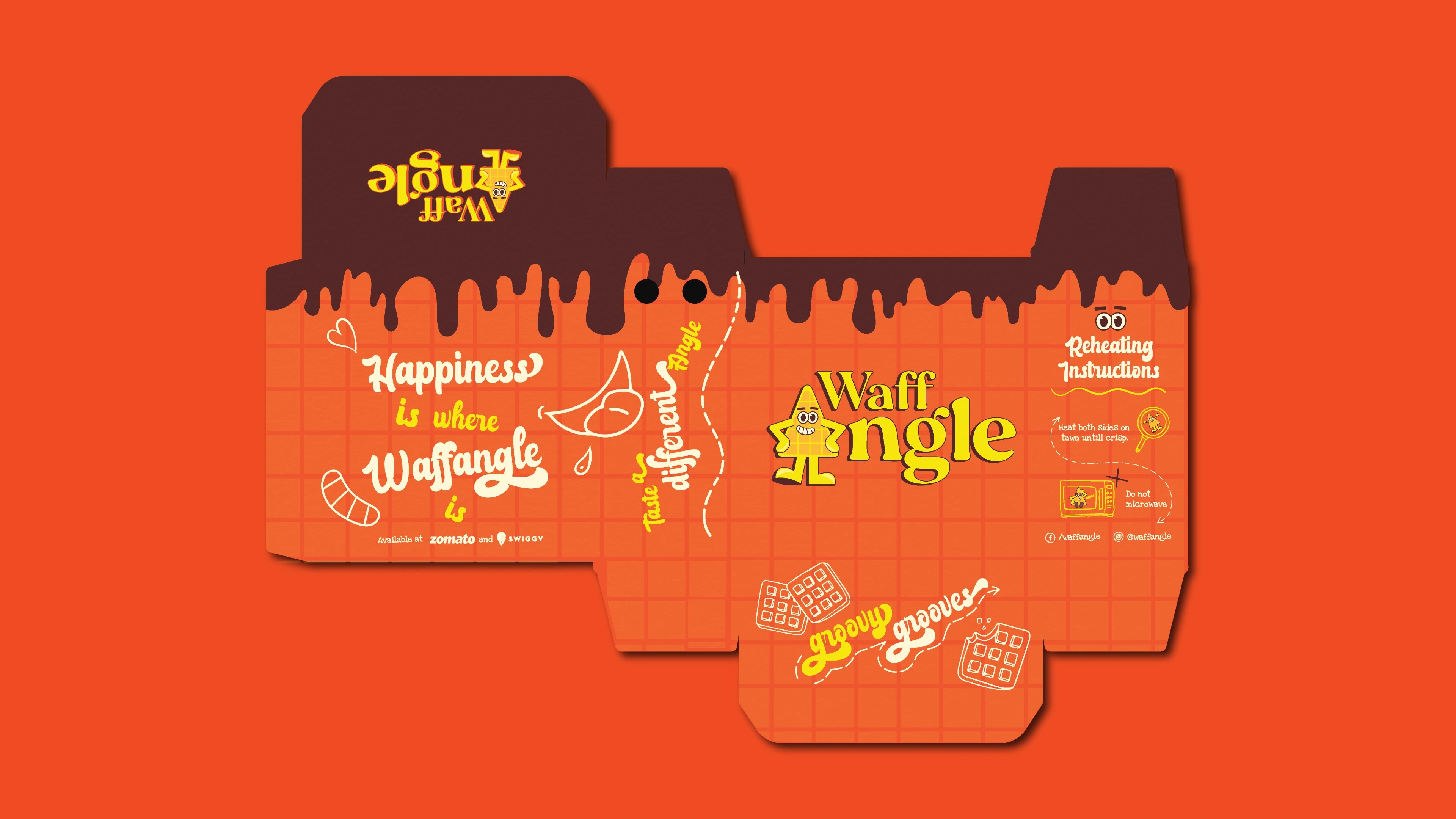 Waffangle box dieline opened flat showing mascot doodles and 'Happiness is when' messaging