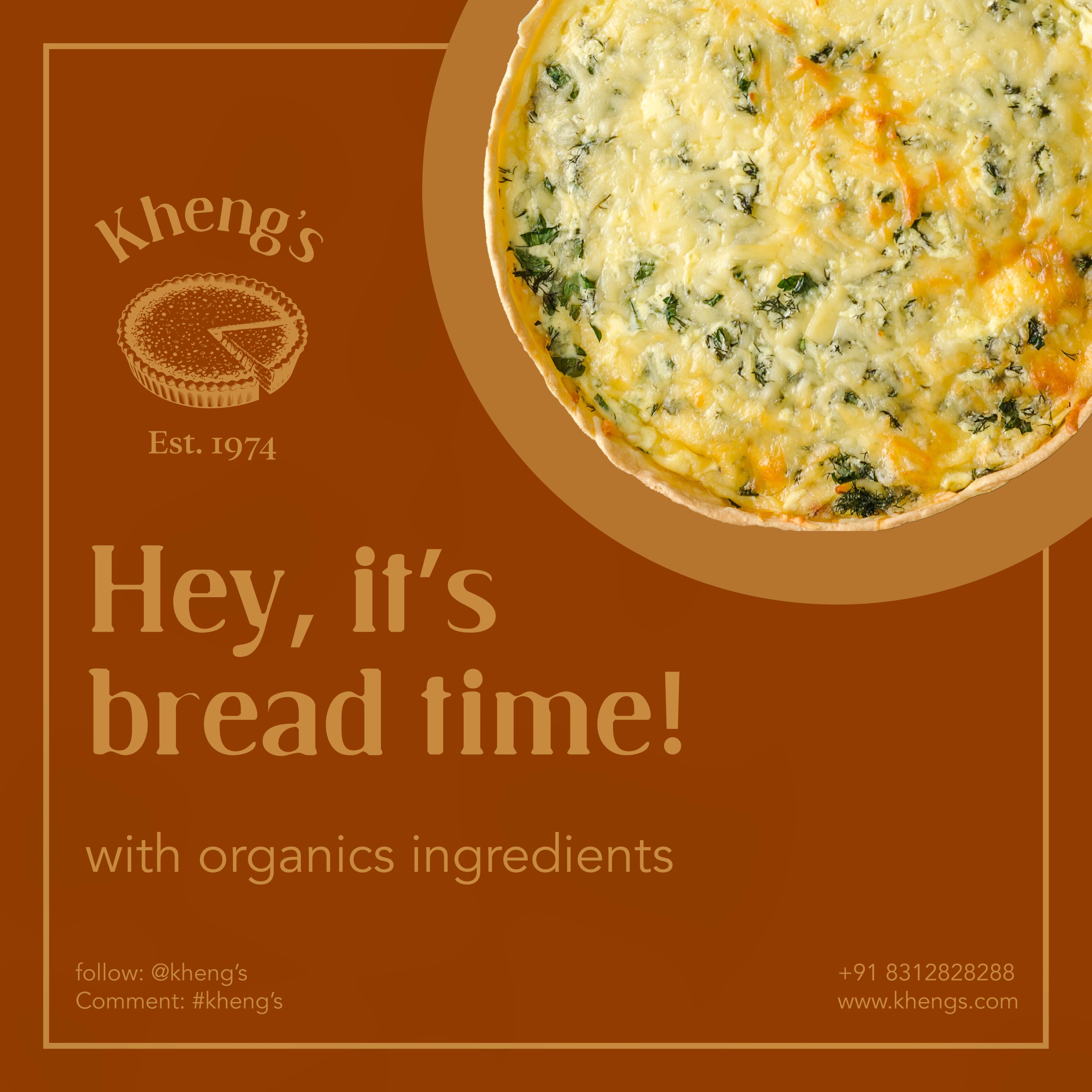 Kheng's 'Hey, it's bread time!' social post with a baked dish
